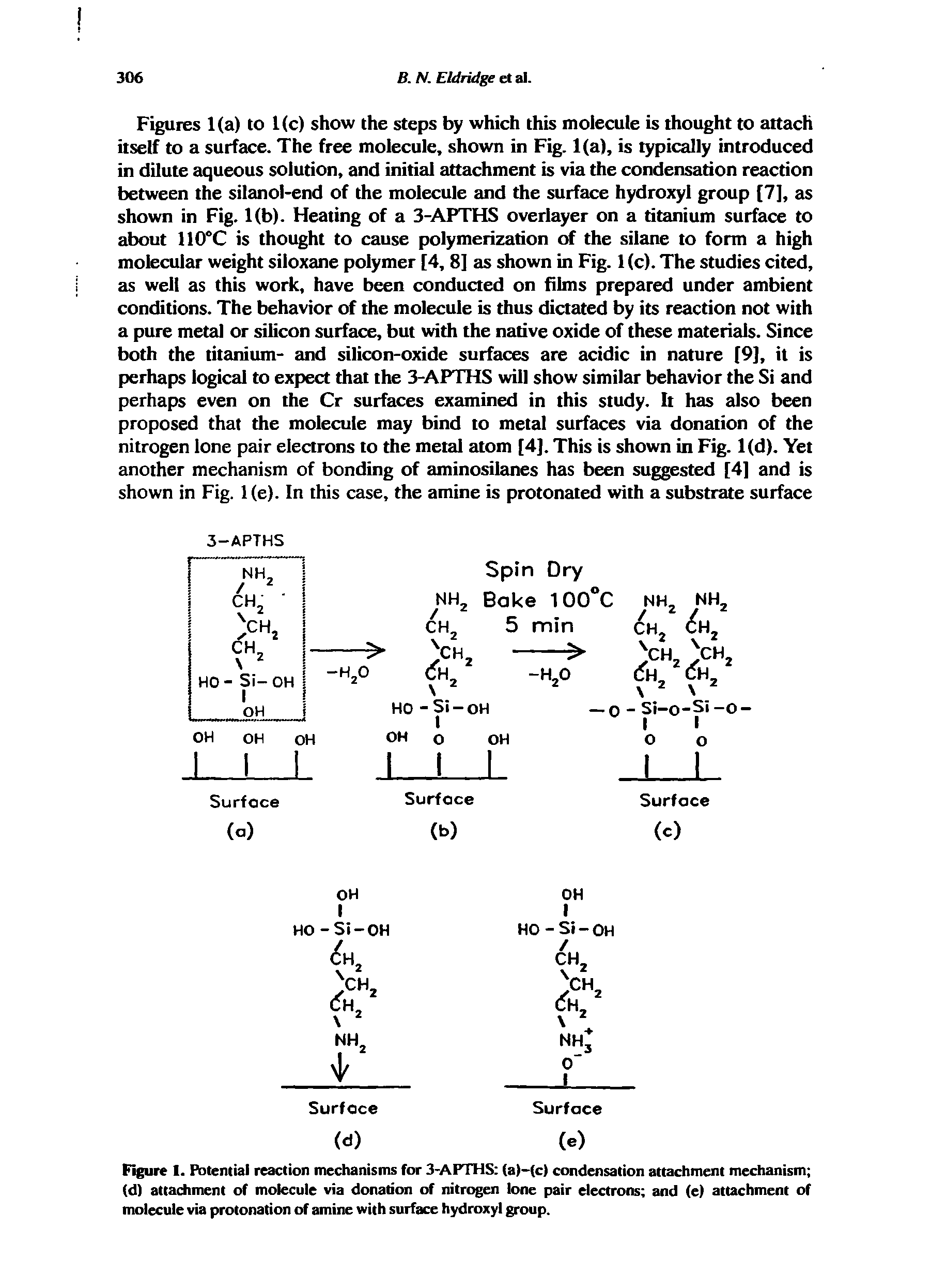 Figure I. Potential reaction mechanisms for 3-APTHS (a)-(c) condensation attachment mechanism (d) attachment of molecule via donation of nitrogen lone pair electrons and (e) attachment of molecule via protonation of amine with surface hydroxyl group.