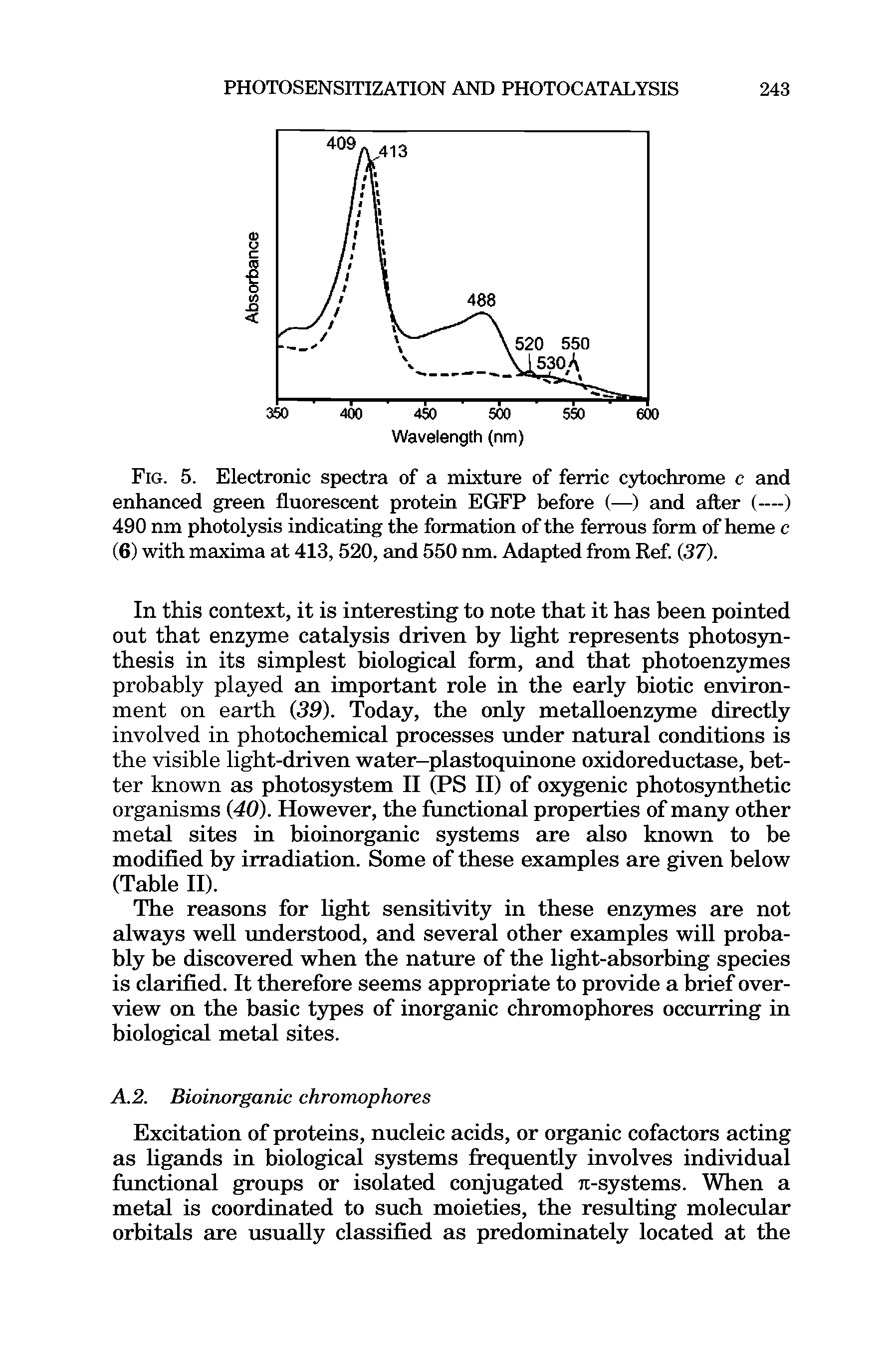 Fig. 5. Electronic spectra of a mixture of ferric cytochrome c and enhanced green fluorescent protein EGFP before (—) and after (—) 490 nm photolysis indicating the formation of the ferrous form of heme c (6) with maxima at 413, 520, and 550 nm. Adapted from Ref (37).