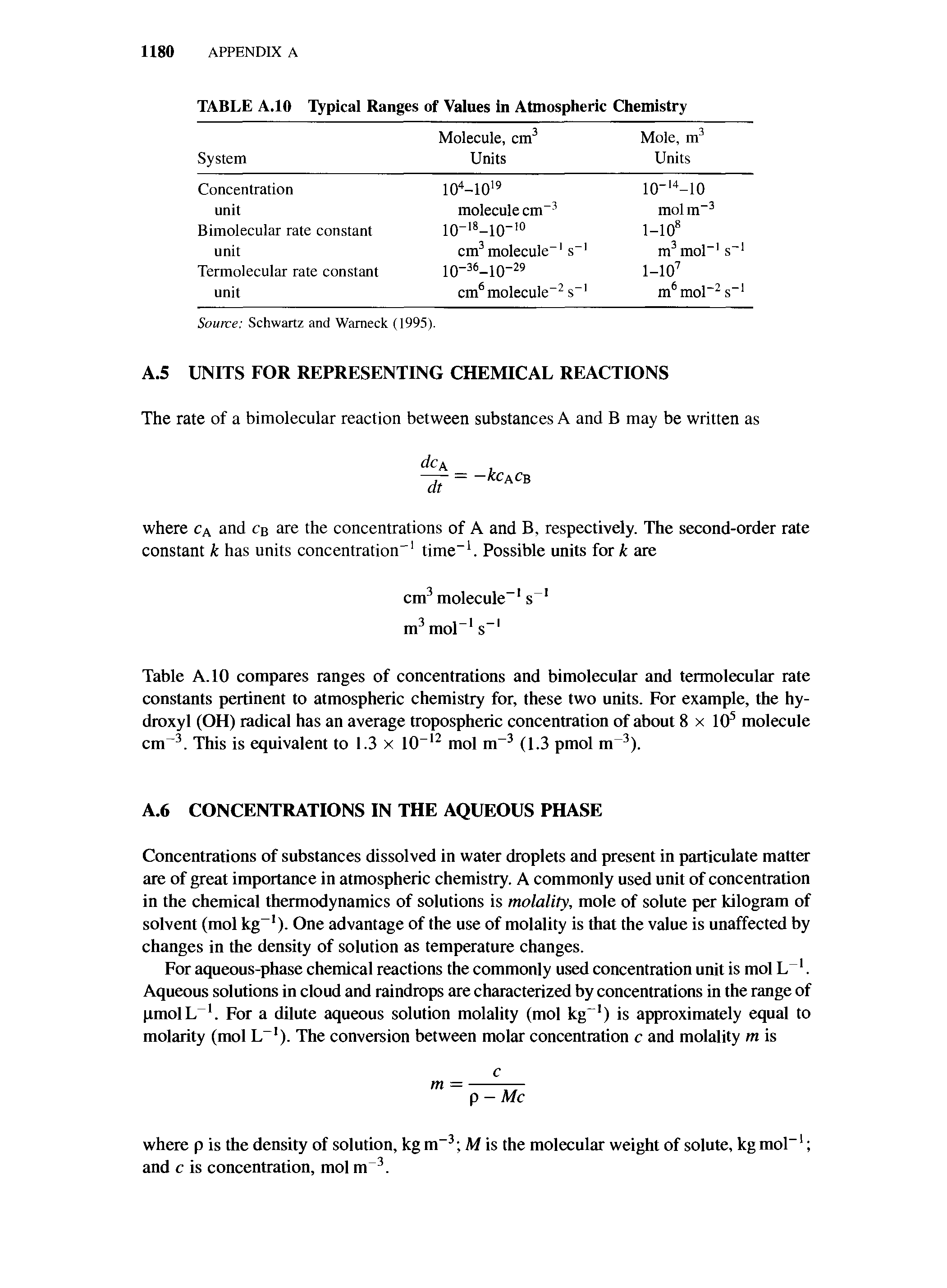 Table A. 10 compares ranges of concentrations and bimolecular and termolecular rate constants pertinent to atmospheric chemistry for, these two units. For example, the hydroxyl (OH) radical has an average tropospheric concentration of about 8 x 105 molecule cm-3. This is equivalent to 1.3 x 10 12 mol m-3 (1.3 pmol m 3).