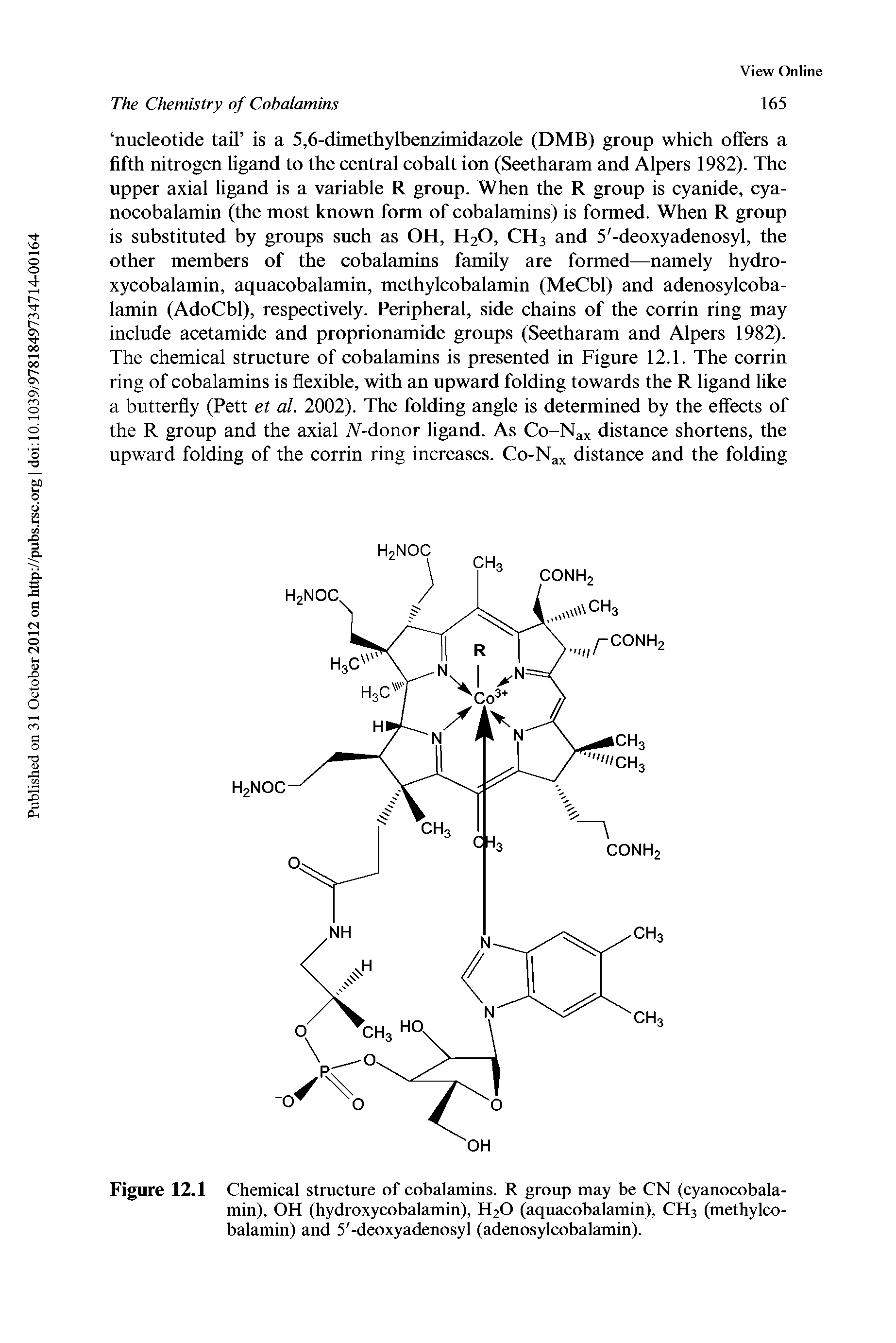 Figure 12.1 Chemical structure of cobalamins. R group may be CN (cyanocobala-min), OH (hydroxycobalamin), H2O (aquacobalamin), CH3 (methylcobalamin) and 5 -deoxyadenosyl (adenosylcobalamin).
