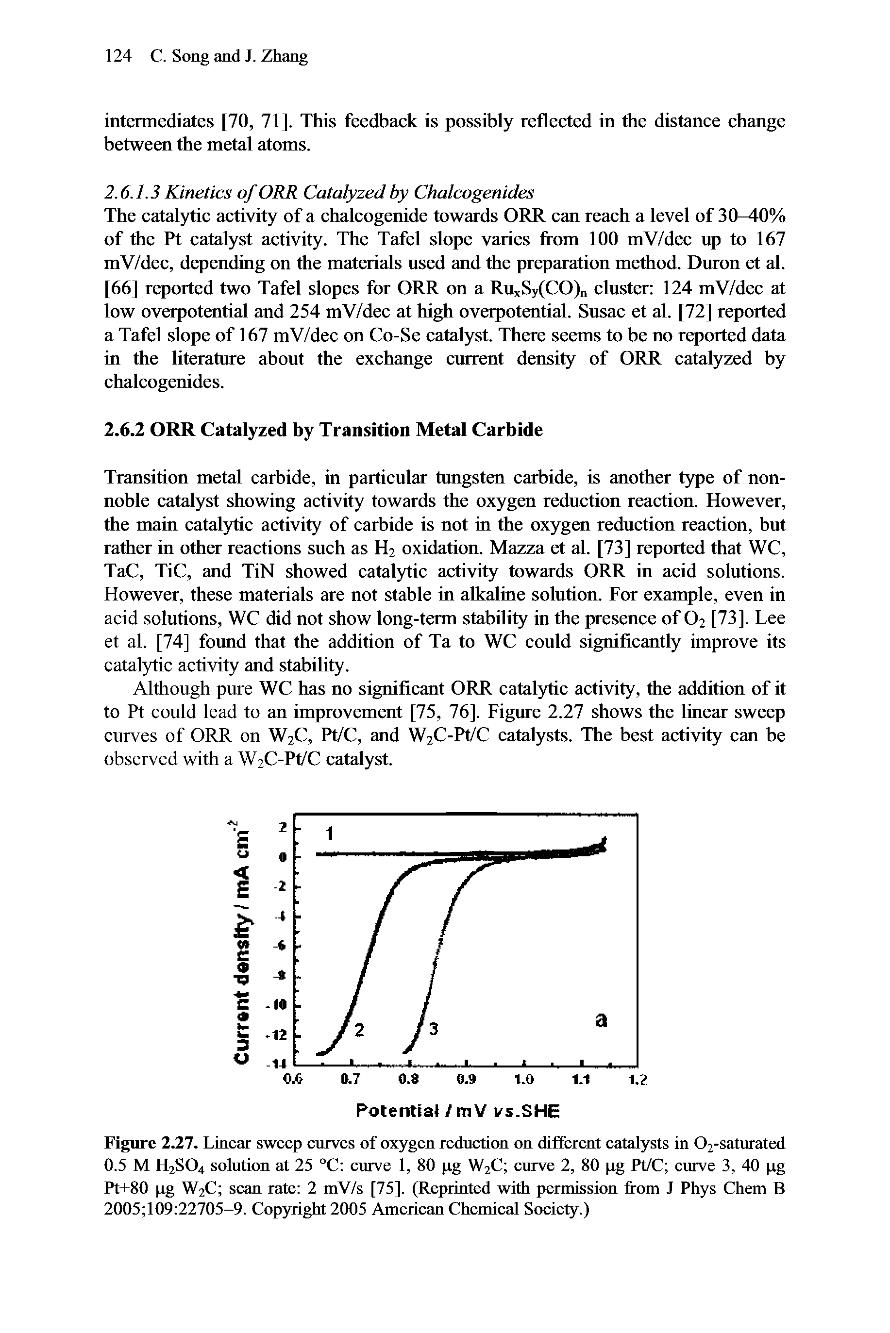 Figure 2.27. Linear sweep curves of oxygen reduction on different catalysts in 02-saturated 0.5 M H2SO4 solution at 25 °C curve 1, 80 pg W2C curve 2, 80 pg Pt/C curve 3, 40 pg Pt+80 pg W2C scan rate 2 mV/s [75]. (Reprinted with permission from J Phys Chem B 2005 109 22705-9. Copyright 2005 American Chemical Society.)...