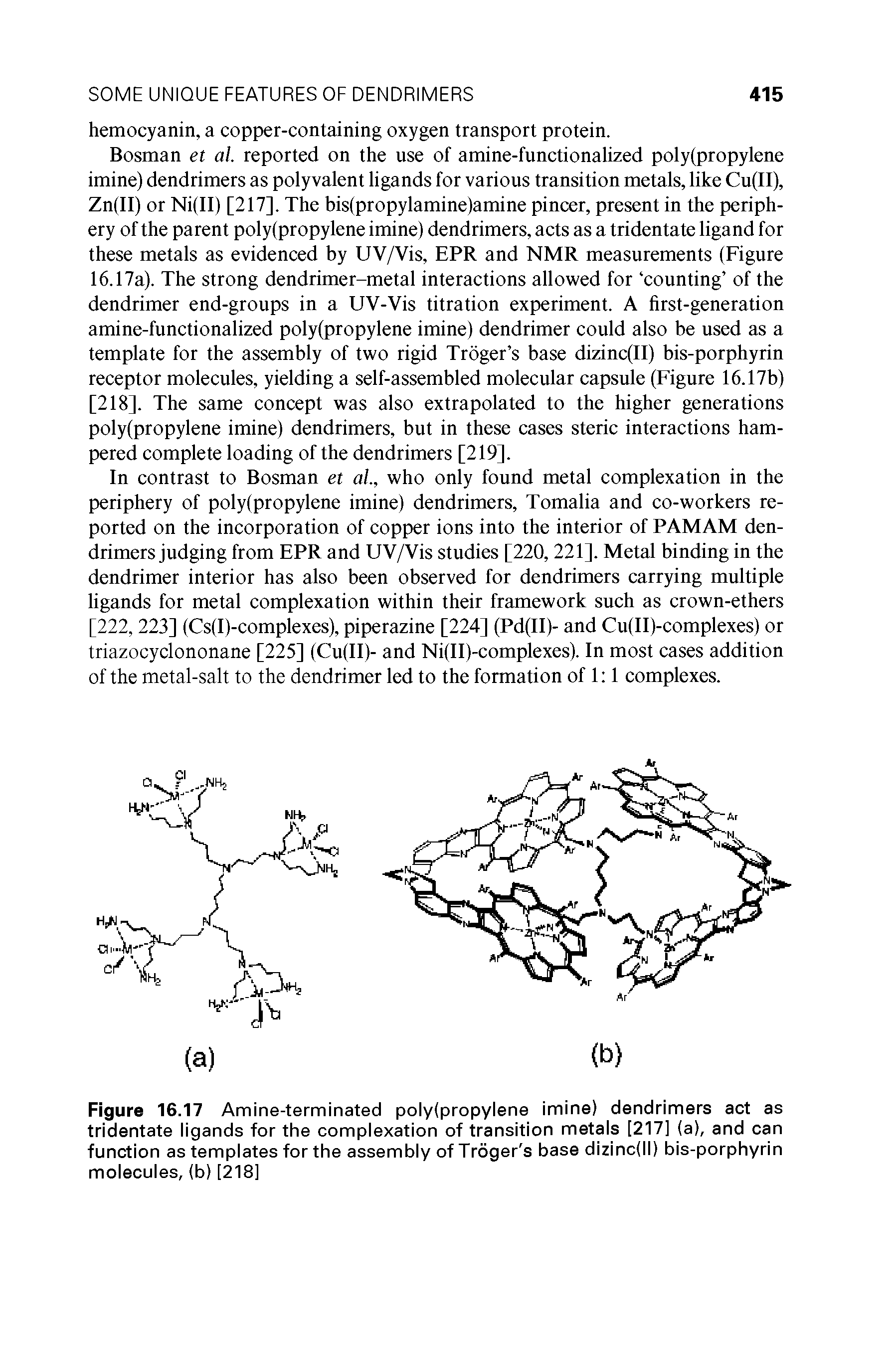 Figure 16.17 Amine-terminated polypropylene imine) dendrimers act as tridentate ligands for the complexation of transition metals [217] (a), and can function as templates for the assembly of Troger s base dizinc(ll) bis-porphyrin molecules, (b) [218]...