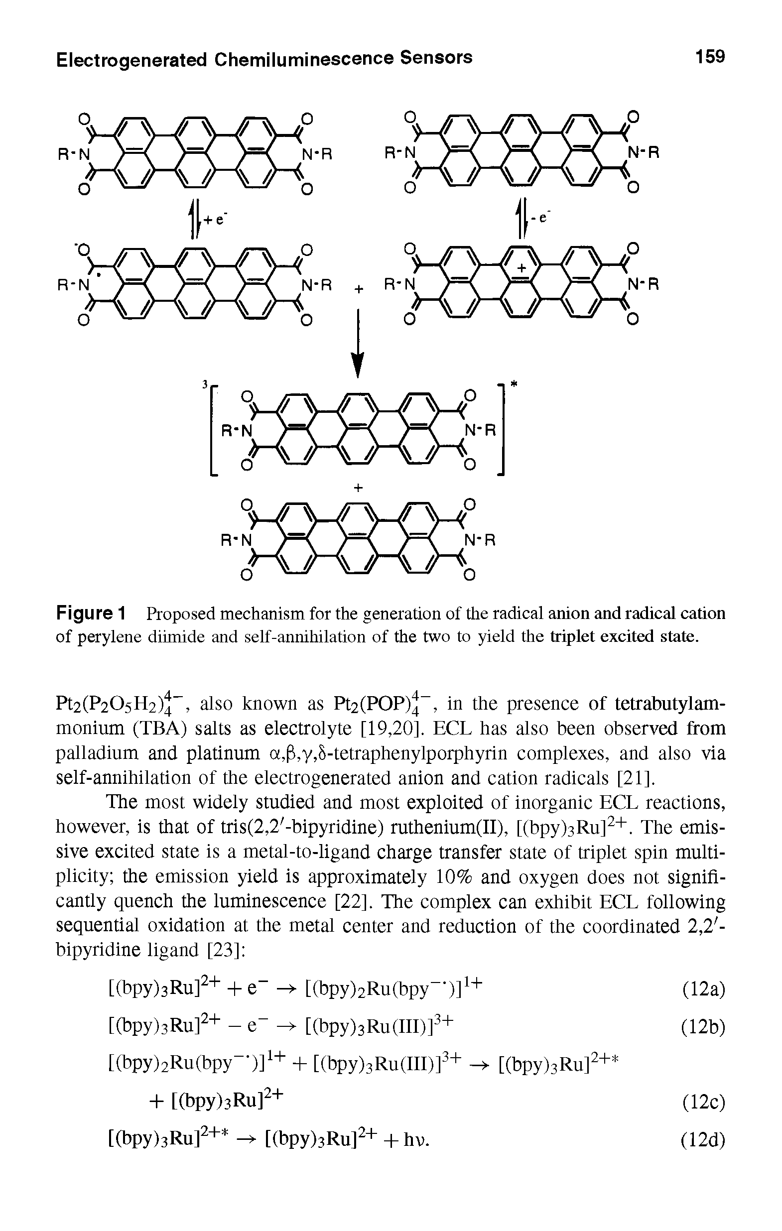 Figure 1 Proposed mechanism for the generation of the radical anion and radical cation of perylene diimide and self-annihilation of the two to yield the triplet excited state.