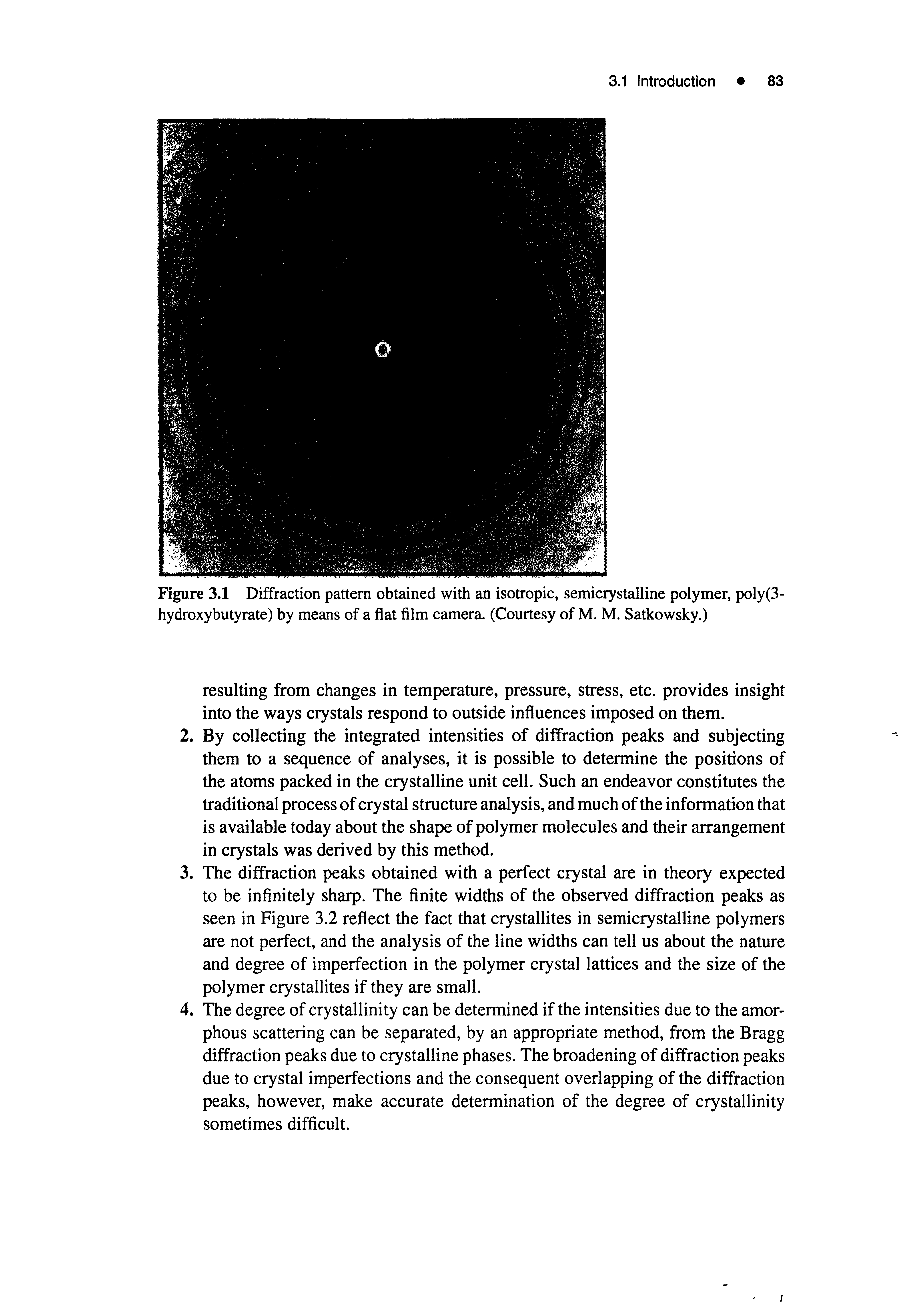 Figure 3.1 Diffraction pattern obtained with an isotropic, semicrystalline polymer, poly(3-hydroxybutyrate) by means of a flat film camera. (Courtesy of M. M. Satkowsky.)...