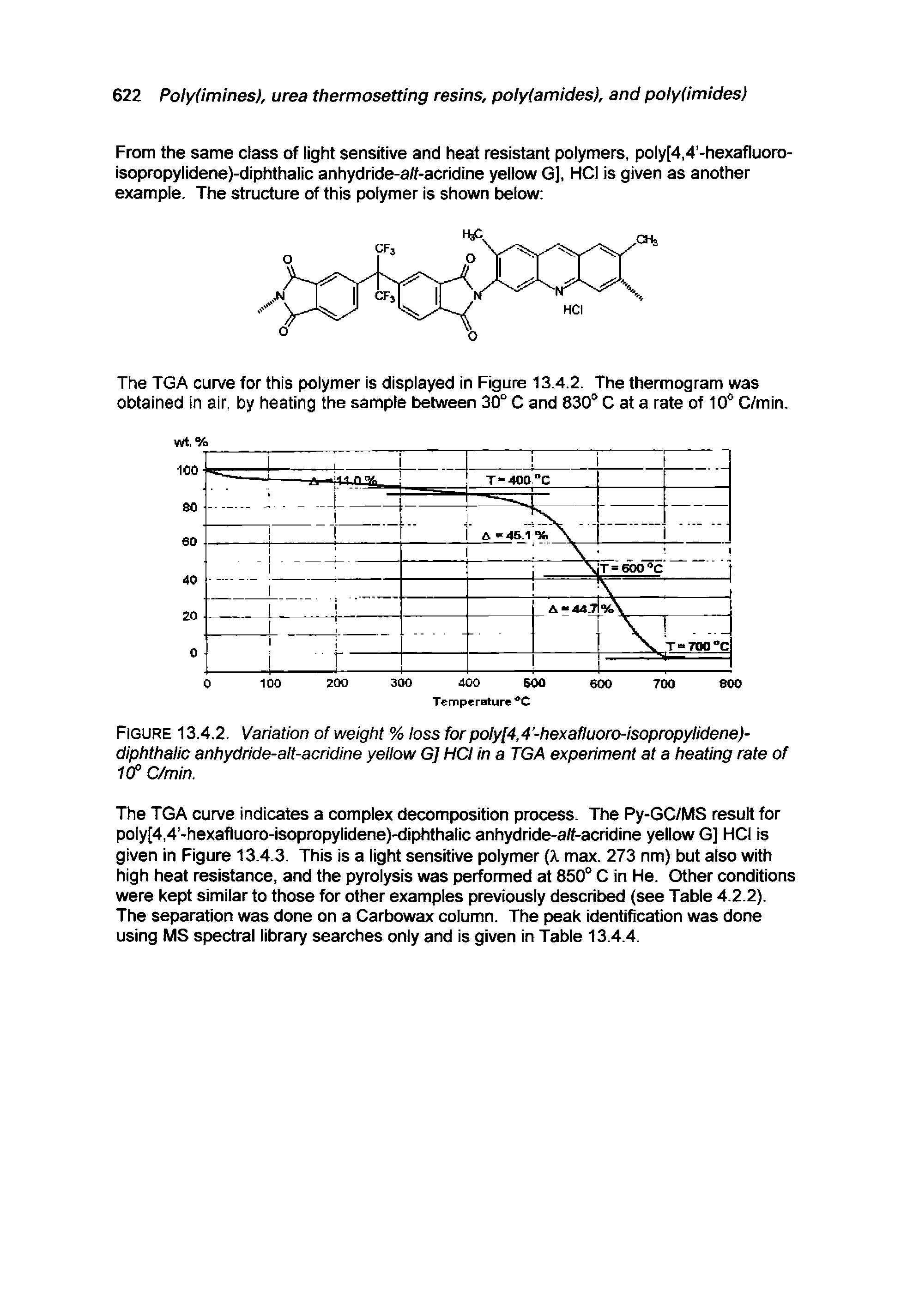 Figure 13.4.2. Variation of weight % loss forpoly[4,4 -hexafluoro-isopropylidene)-diphthalic anhydride-alt-acridine yellow G] HCI in a TGA experiment at a heating rate of 10P C/min.