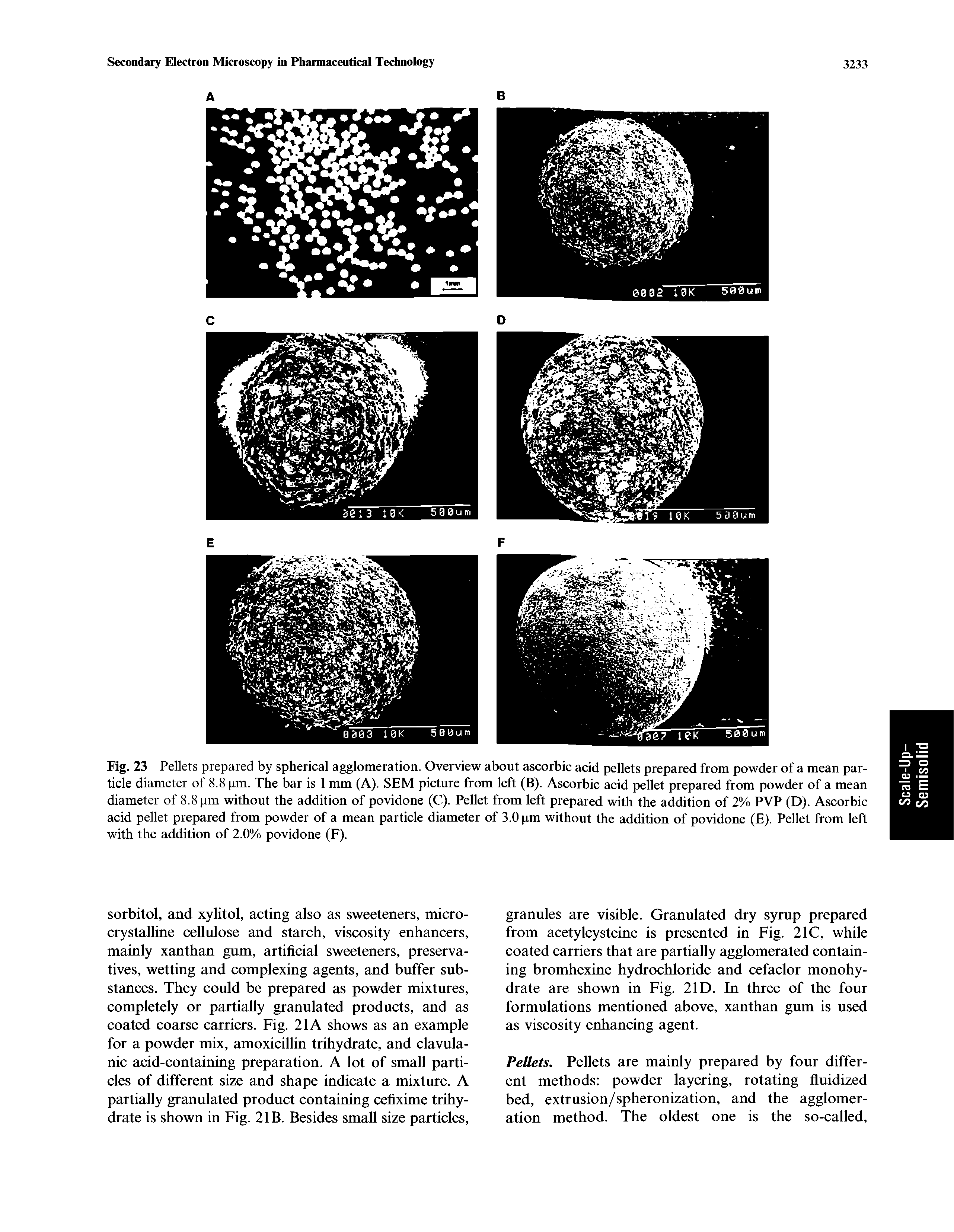 Fig. 23 Pellets prepared by spherical agglomeration. Overview about ascorbic acid pellets prepared from powder of a mean particle diameter of 8.8 pm. The bar is 1 mm (A). SEM picture from left (B). Ascorbic acid pellet prepared from powder of a mean diameter of 8.8 pm without the addition of povidone (C). Pellet from left prepared with the addition of 2% PVP (D). Ascorbic acid pellet prepared from powder of a mean particle diameter of 3.0 pm without the addition of povidone (E). Pellet from left with the addition of 2.0% povidone (F).