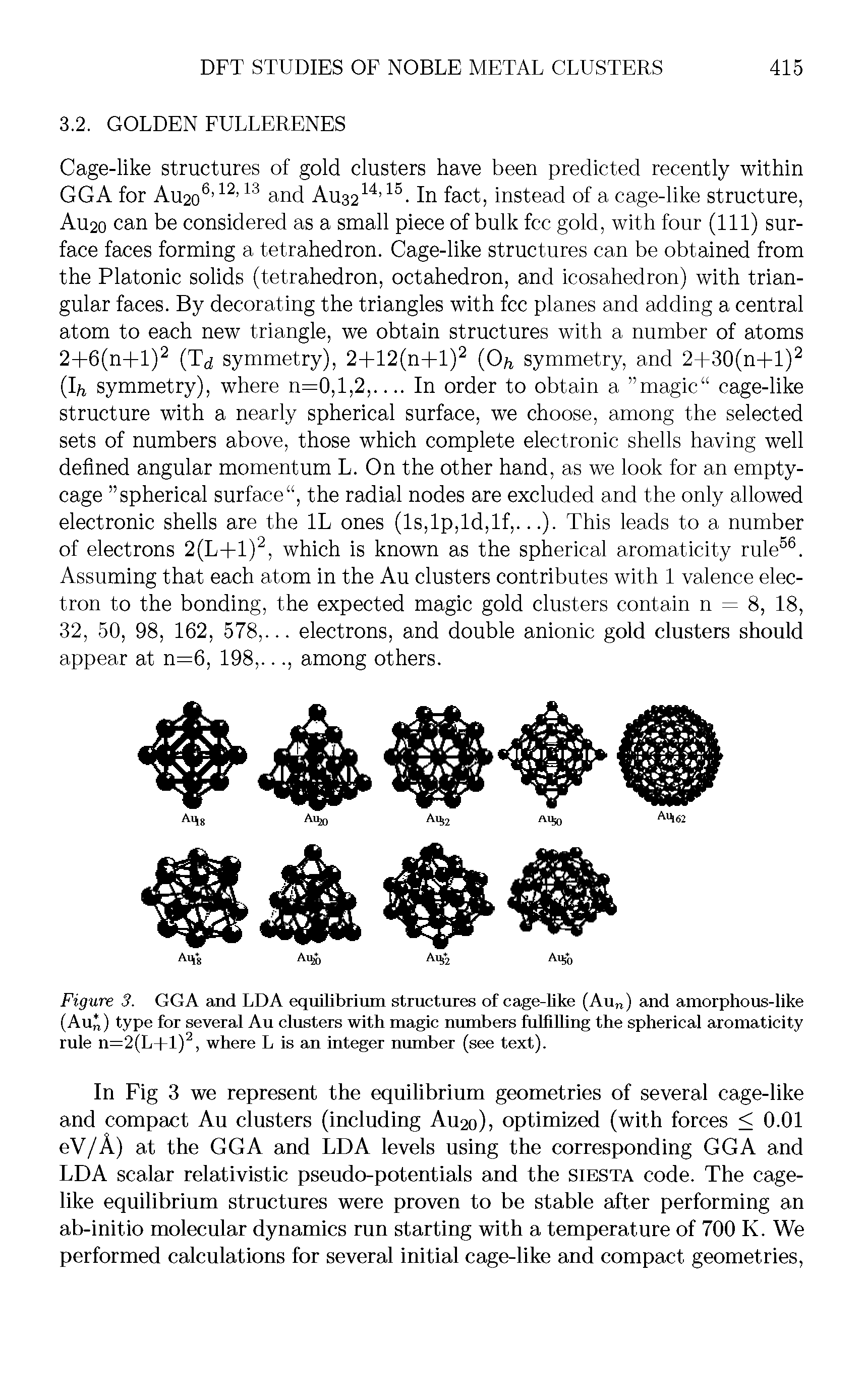 Figure 3. GGA and LDA equilibrium structures of cage-Uke (Au ) and amorphous-like (Au ) type for several Au clusters with magic numbers fulfilling the spherical aromaticity rule n=2(L- -l), where L is an integer number (see text).