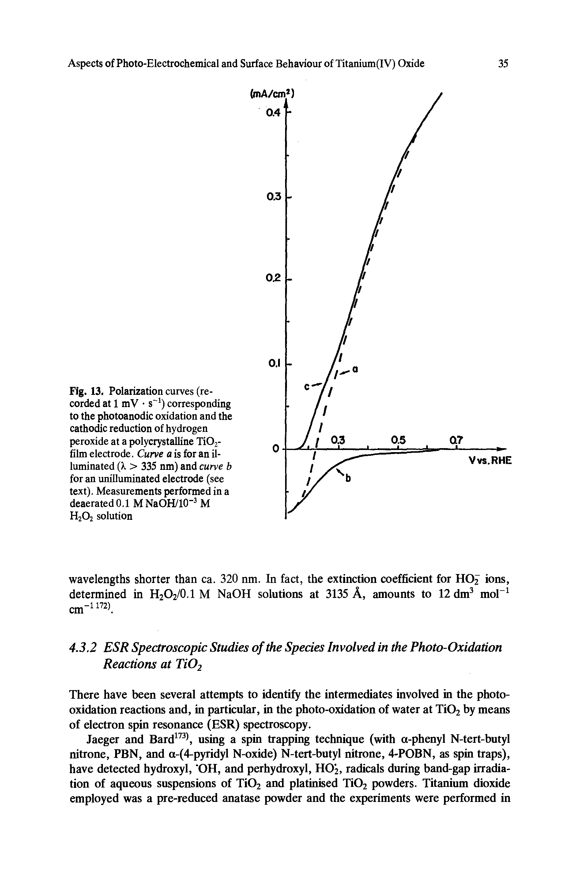 Fig. 13. Polarization curves (recorded at 1 mV s ) corresponding to the photoanodic oxidation and the cathodic reduction of hydrogen peroxide at a polycrystalline Ti02-film electrode. Curve a is for an illuminated (X > 335 nm) and curve b for an unilluminated electrode (see text). Measurements performed in a deaerated 0.1 MNaOH/10" M H2O2 solution...