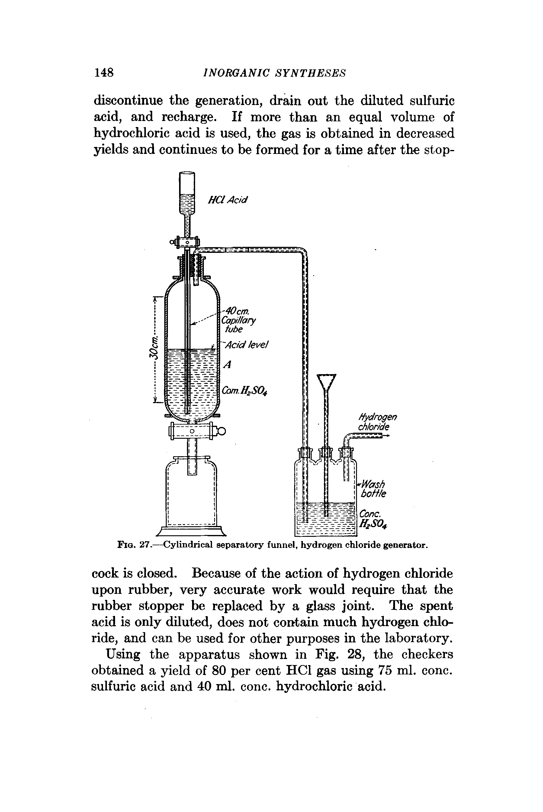 Fig. 27.—Cylindrical separatory funnel, hydrogen chloride generator.