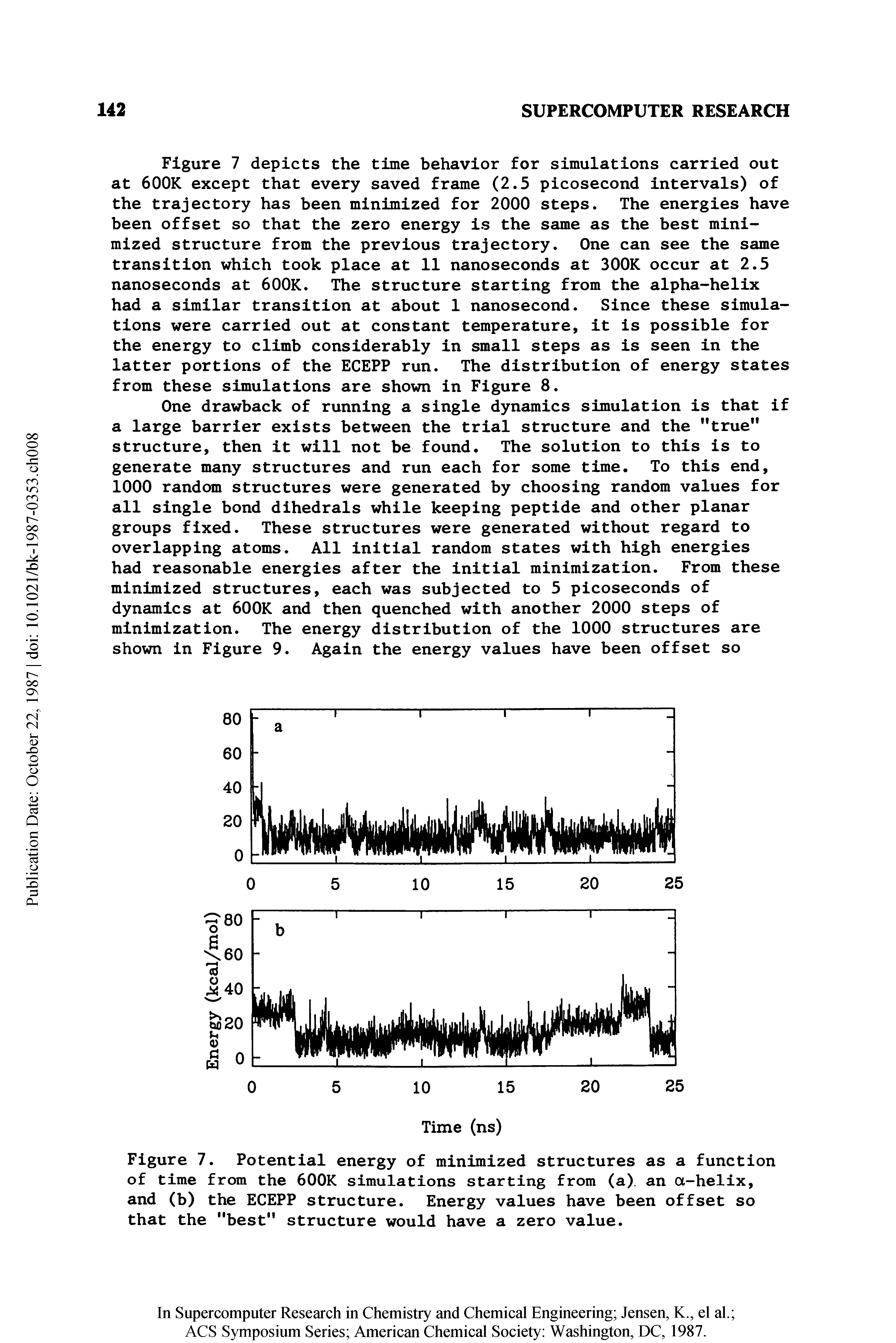 Figure 7. Potential energy of minimized structures as a function of time from the 600K simulations starting from (a), an a-helix, and (b) the ECEPP structure. Energy values have been offset so that the "best" structure would have a zero value.