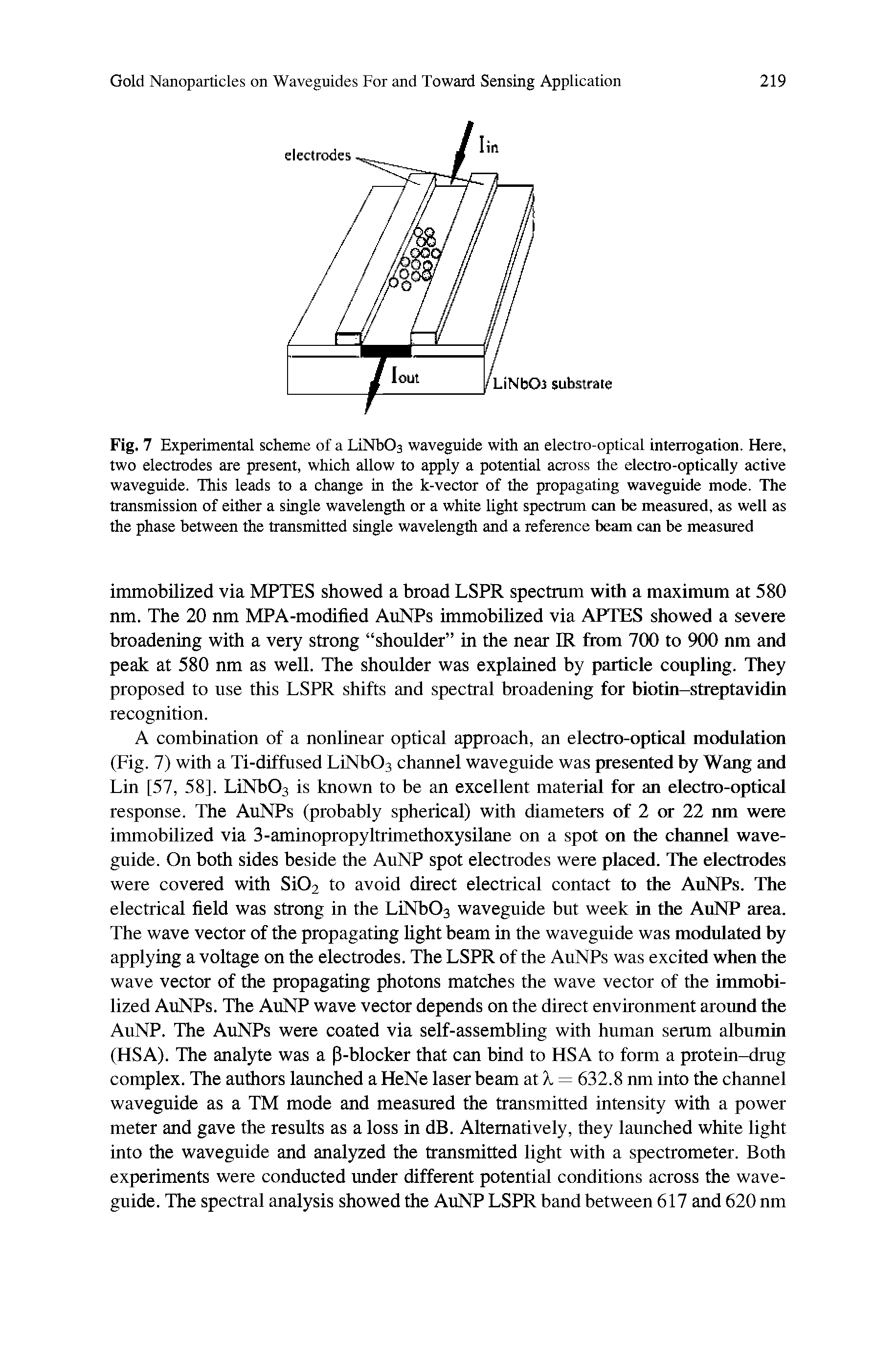 Fig. 7 Experimental scheme of a LiNbOs waveguide with an electro-optical interrogation. Here, two electrodes are present, which allow to apply a potential across the electro-optically active waveguide. This leads to a change in the k-vector of the propagating waveguide mode. The transmission of either a single wavelength or a white light spectrum can be measured, as well as the phase between the transmitted single wavelength and a reference beam can be measured...