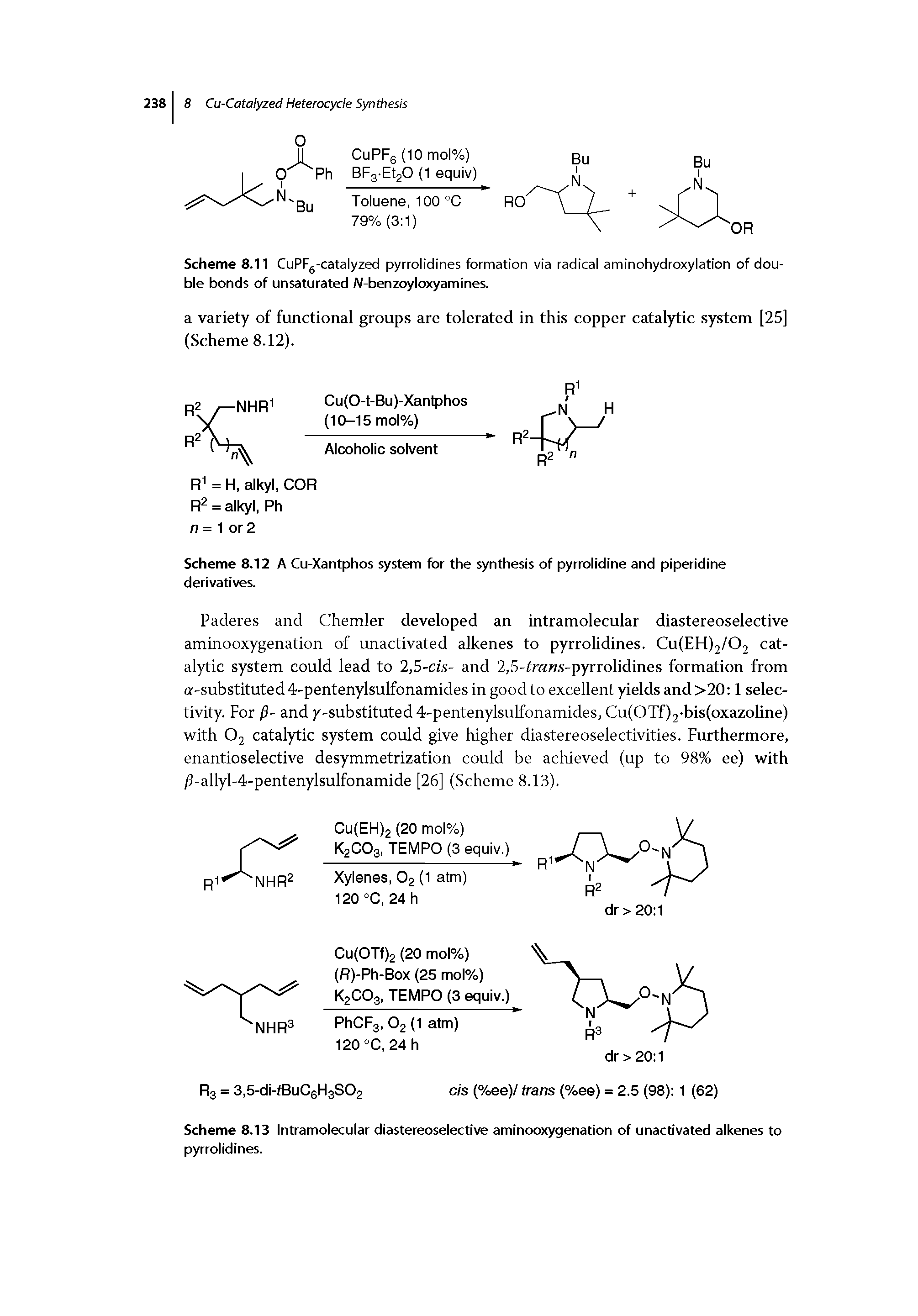 Scheme 8.11 CuPFg-catalyzed pyrrolidines formation via radical aminohydroxylation of double bonds of unsaturated N-benzoyloxyamines.