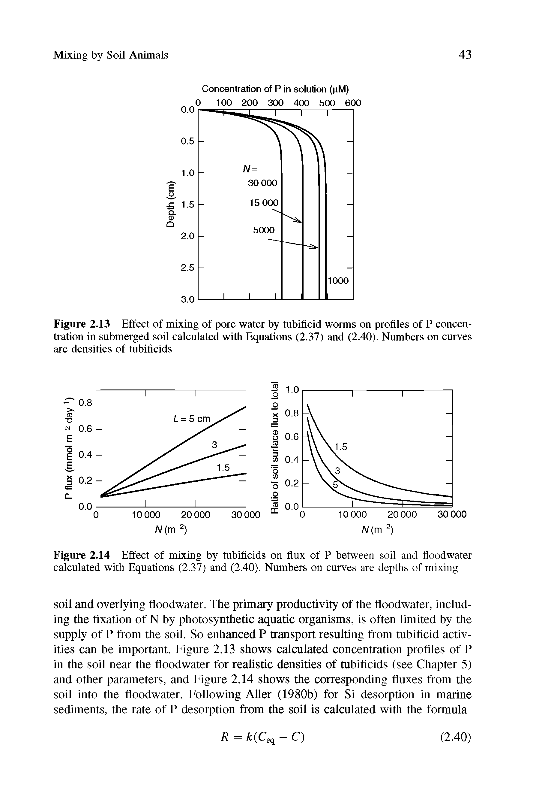 Figure 2.13 Effect of mixing of pore water by tubificid worms on profiles of P concentration in submerged soil calculated with Equations (2.37) and (2.40). Numbers on curves are densities of tubificids...