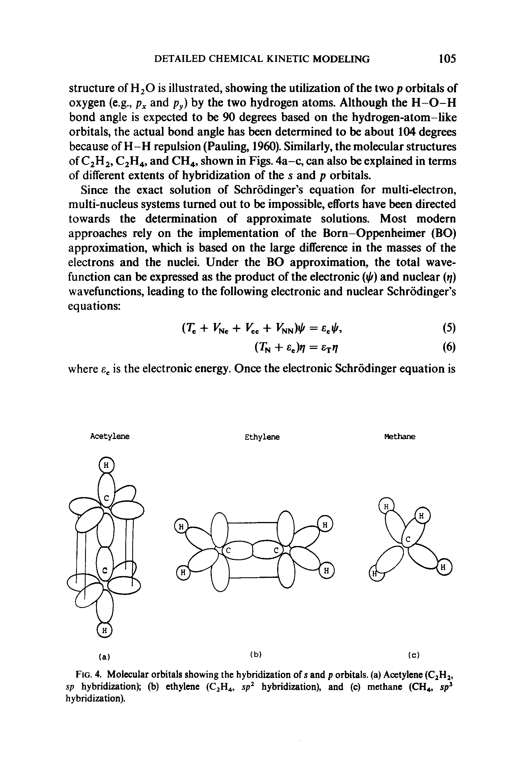 Fig. 4. Molecular orbitals showing the hybridization of s and p orbitals, (a) Acetylene (C2H2, sp hybridization) (b) ethylene (C2H4, sp hybridization), and (c) methane (CH4, sp hybridization).