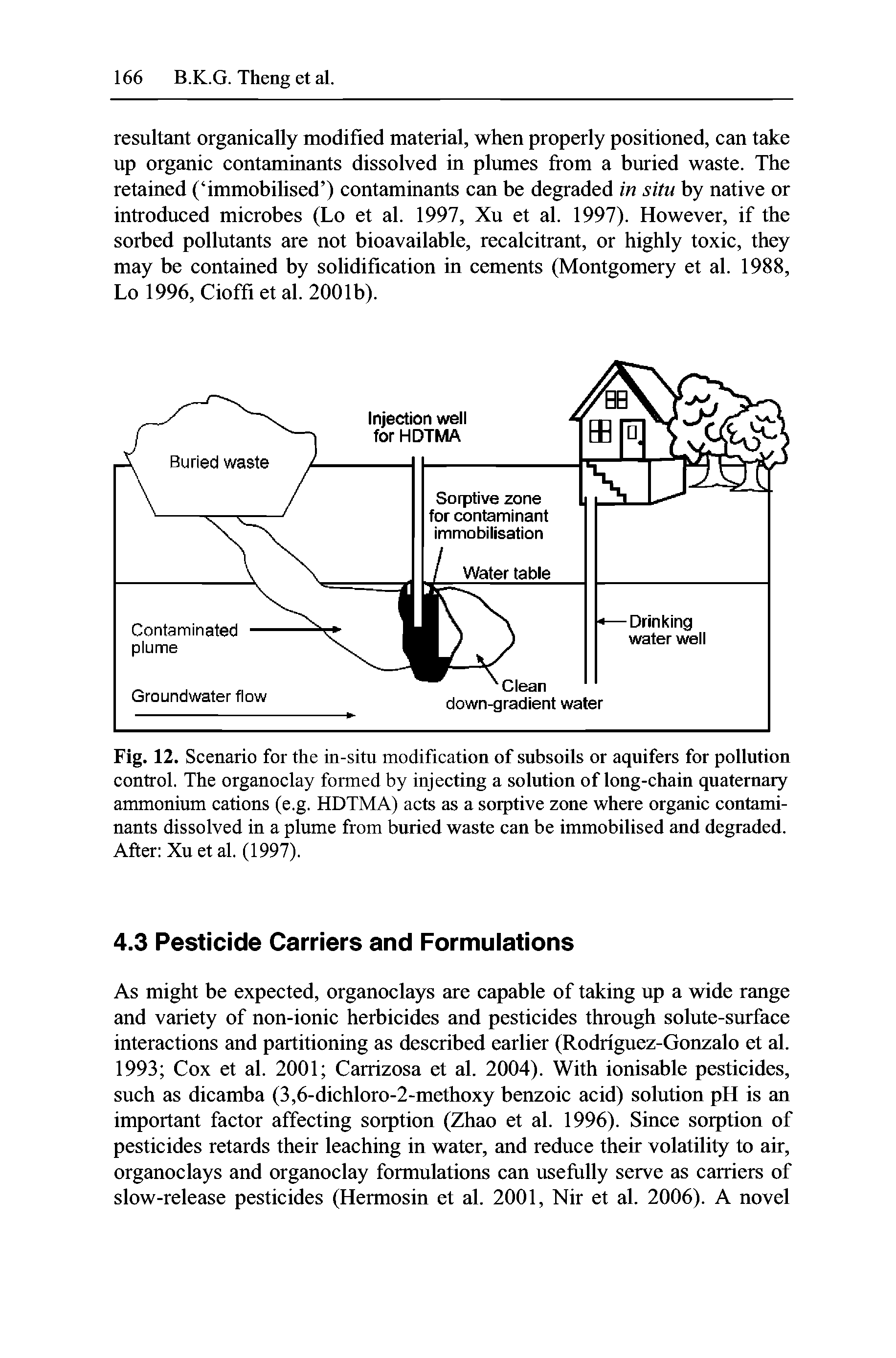 Fig. 12. Scenario for the in-situ modification of subsoils or aquifers for pollution control. The organoclay formed by injecting a solution of long-chain quaternary ammonium cations (e.g. HDTMA) acts as a sorptive zone where organic contaminants dissolved in a plume from buried waste can be immobilised and degraded. After Xu et al. (1997).