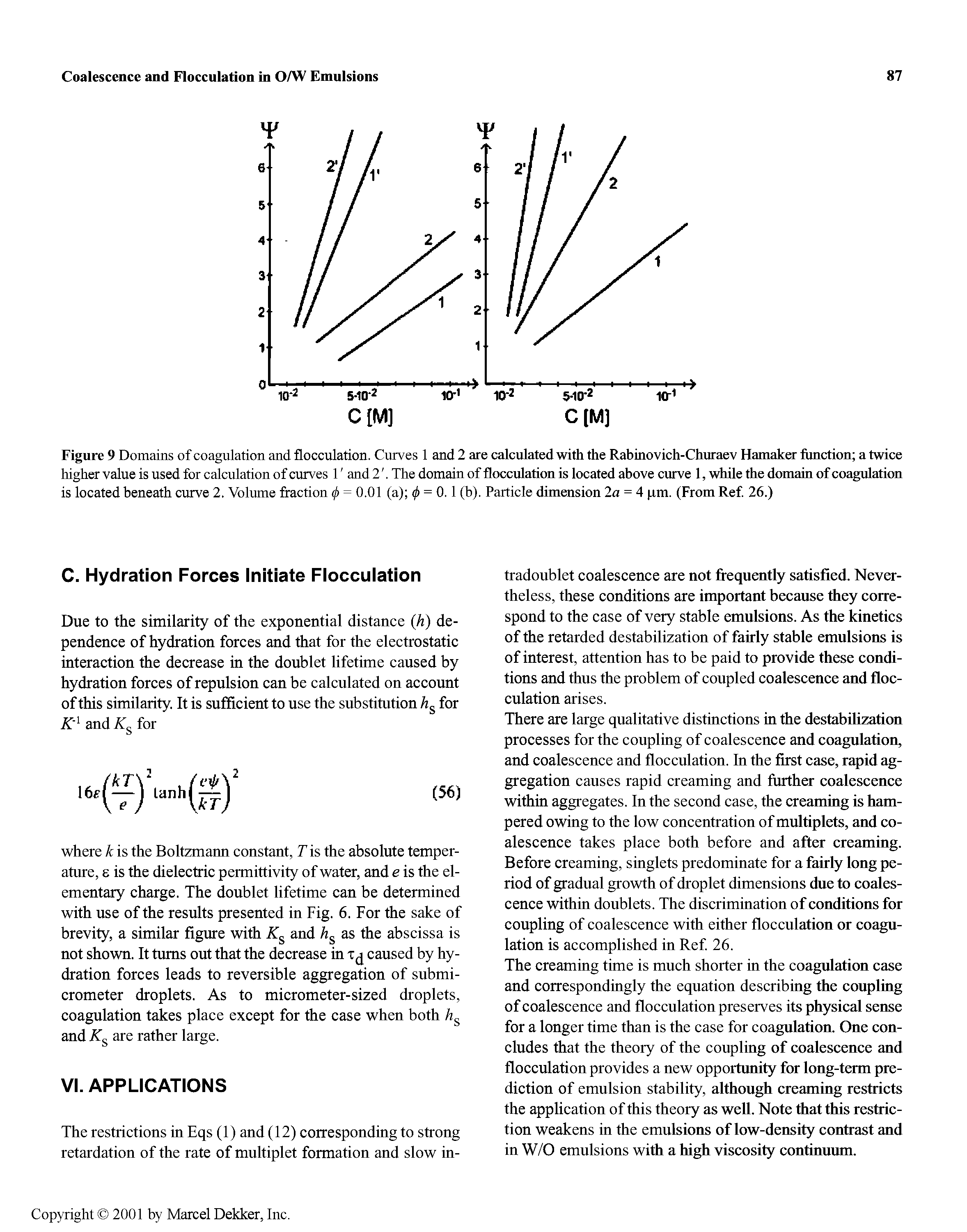 Figure 9 Domains of coagulation and flocculation. Curves 1 and 2 are calculated with the Rabinovich-Churaev Hamaker function a twice higher value is used for calculation of curves 1 and 2. The domain of flocculation is located above curve 1, while the domain of coagulation is located beneath curve 2. Volume fraction 0 = 0.01 (a) (j> = 0.l (b). Particle dimension 2a = 4 (xm. (From Ref 26.)...