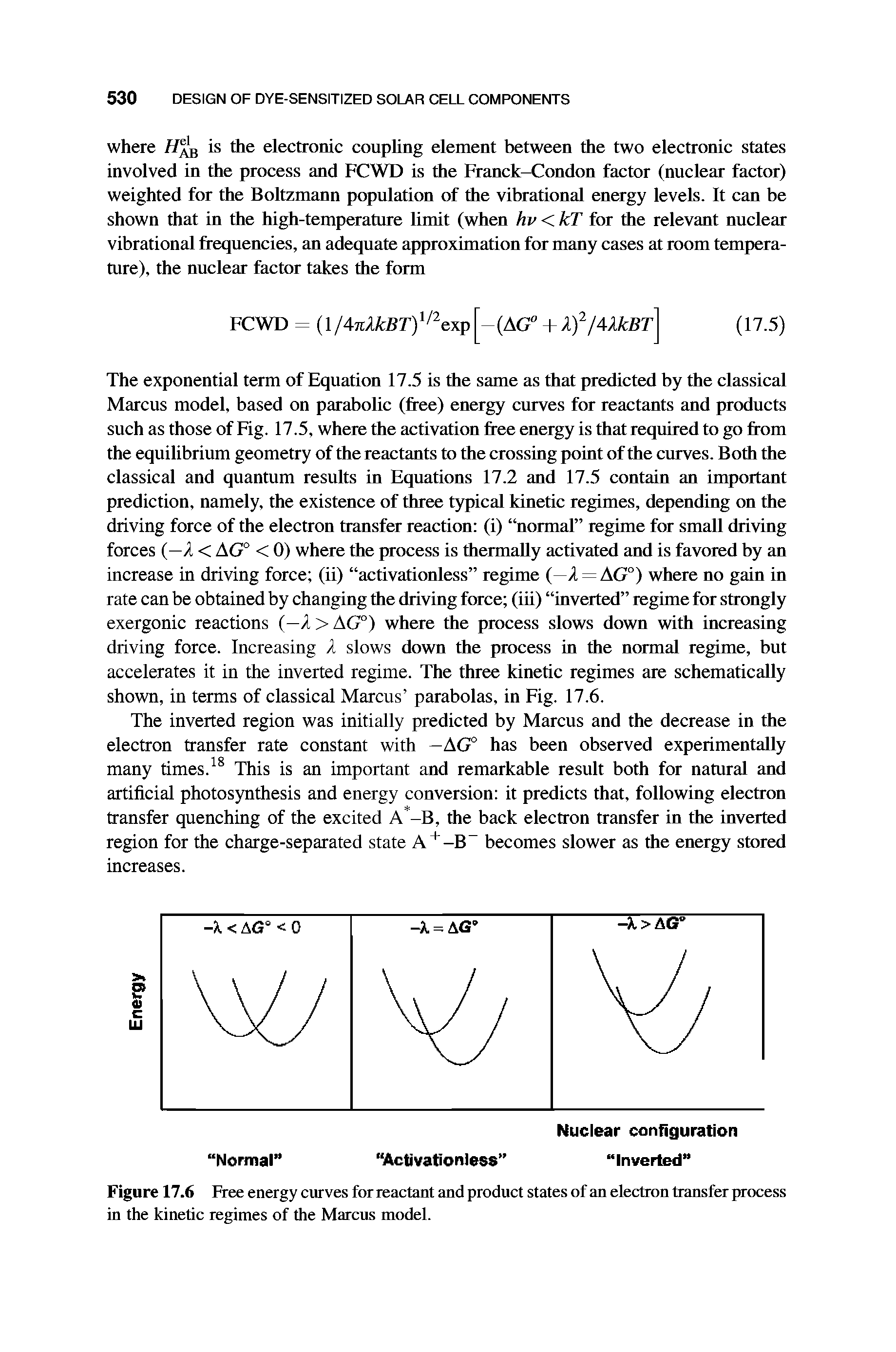 Figure 17.6 Free energy curves for reactant and product states of an electron transfer process in the kinetic regimes of the Marcus model.