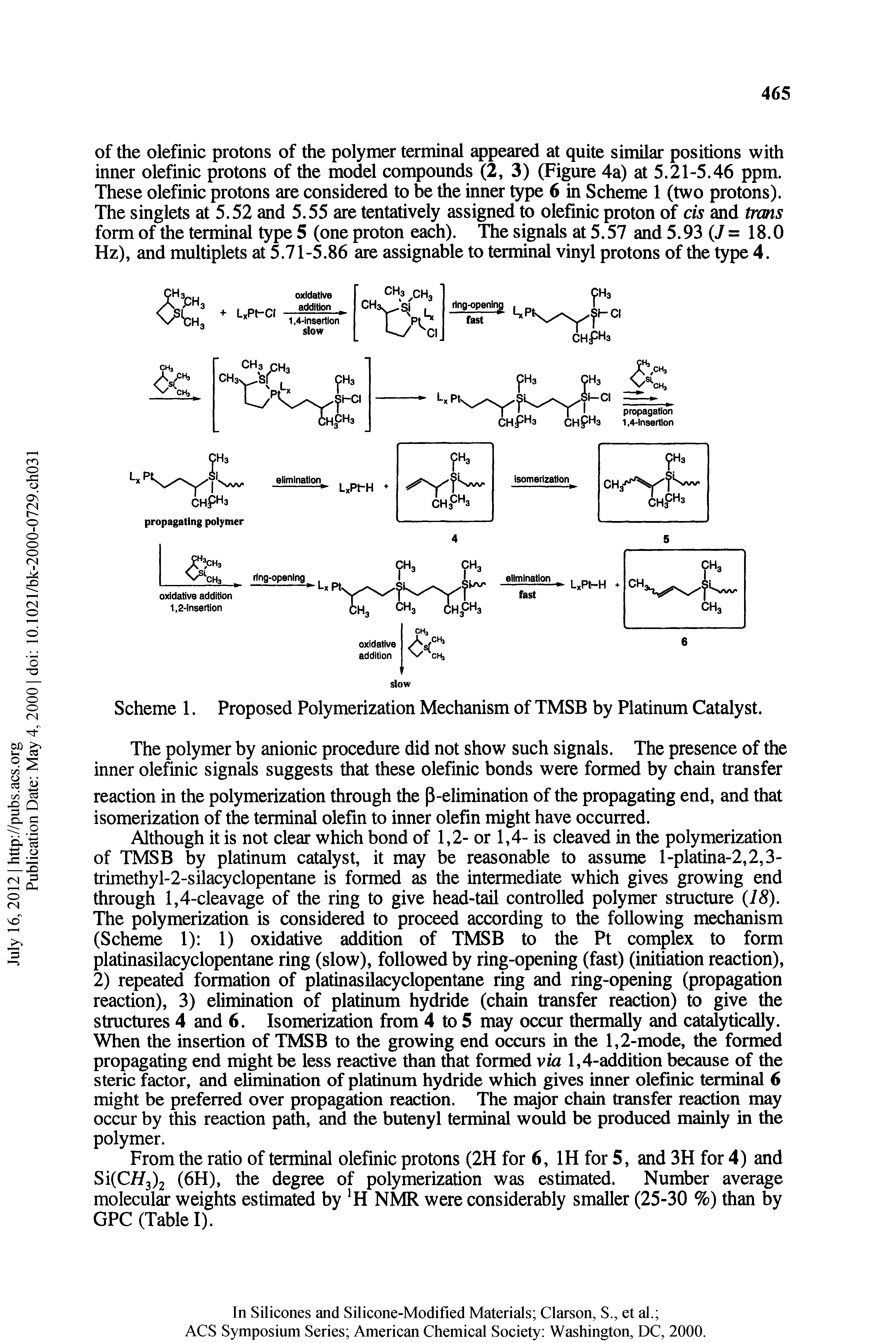 Scheme 1. Proposed Polymerization Mechanism of TMSB by Platinum Catalyst.