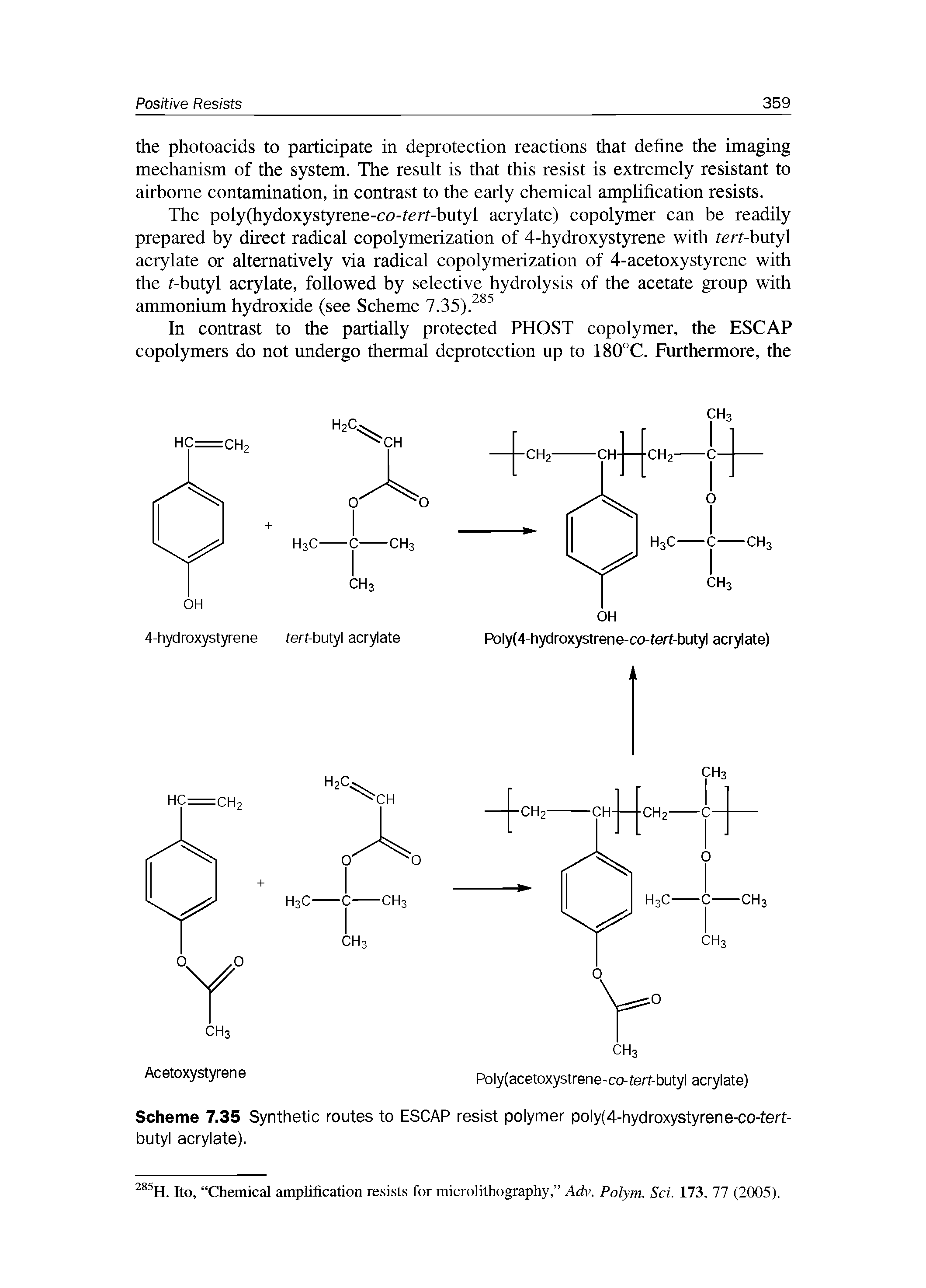 Scheme 7.35 Synthetic routes to ESCAP resist polymer poly(4-hydroxystyrene-co-tert-butyl acrylate).