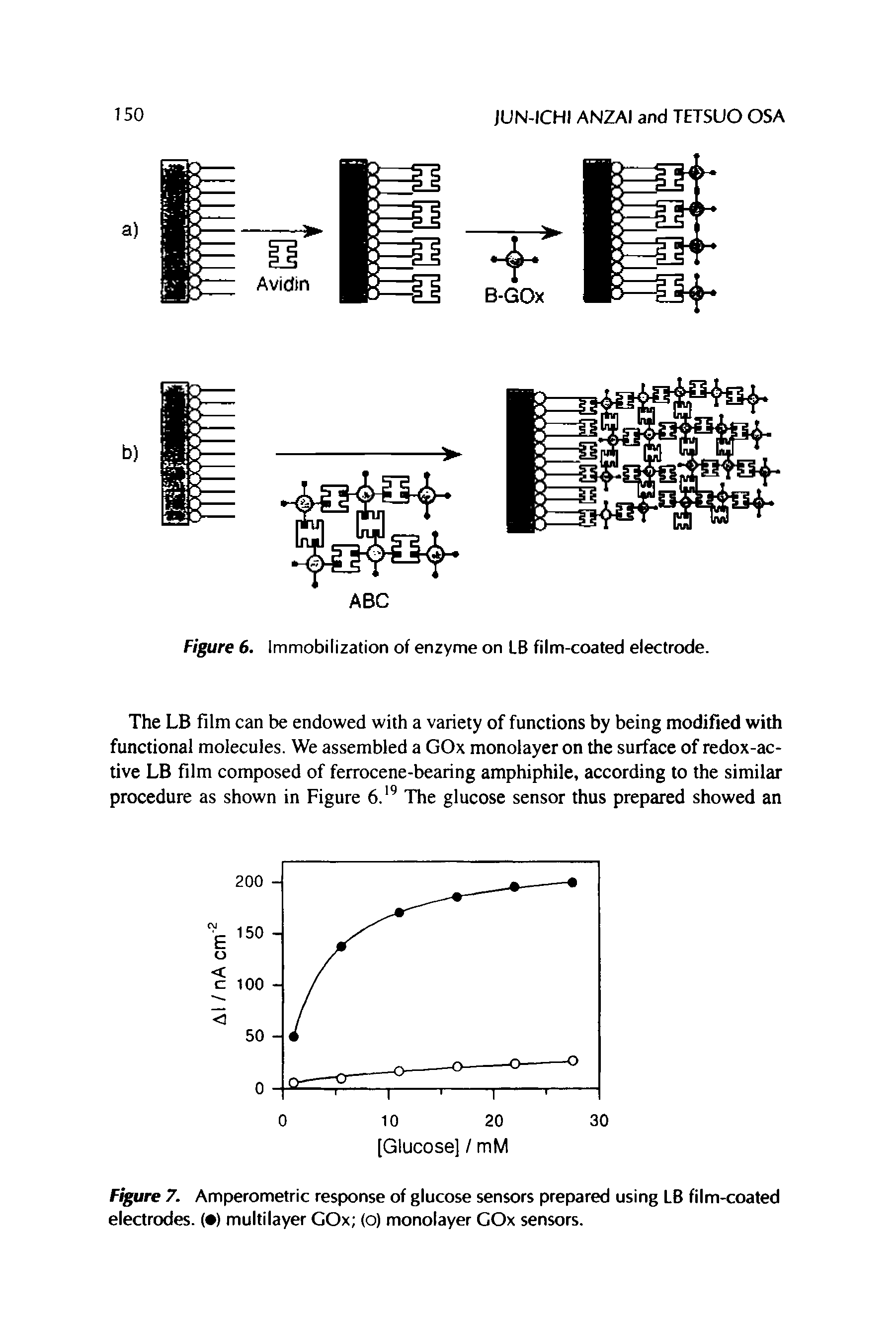 Figure 7. Amperometric response of glucose sensors prepared using LB film-coated electrodes. ( ) multilayer GOx (o) monolayer GOx sensors.