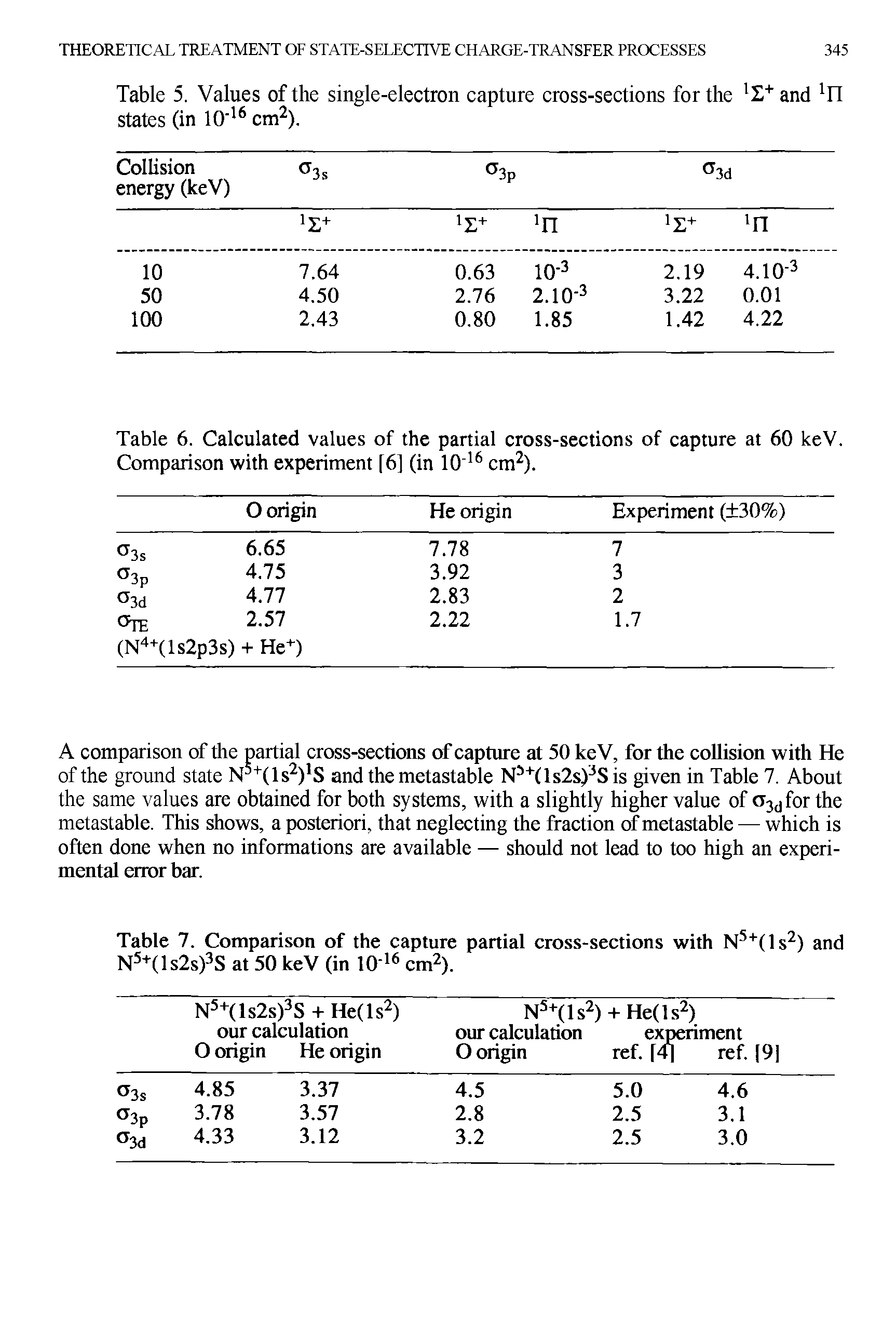 Table 5. Values of the single-electron capture cross-sections for the and states (in 10" cm ).