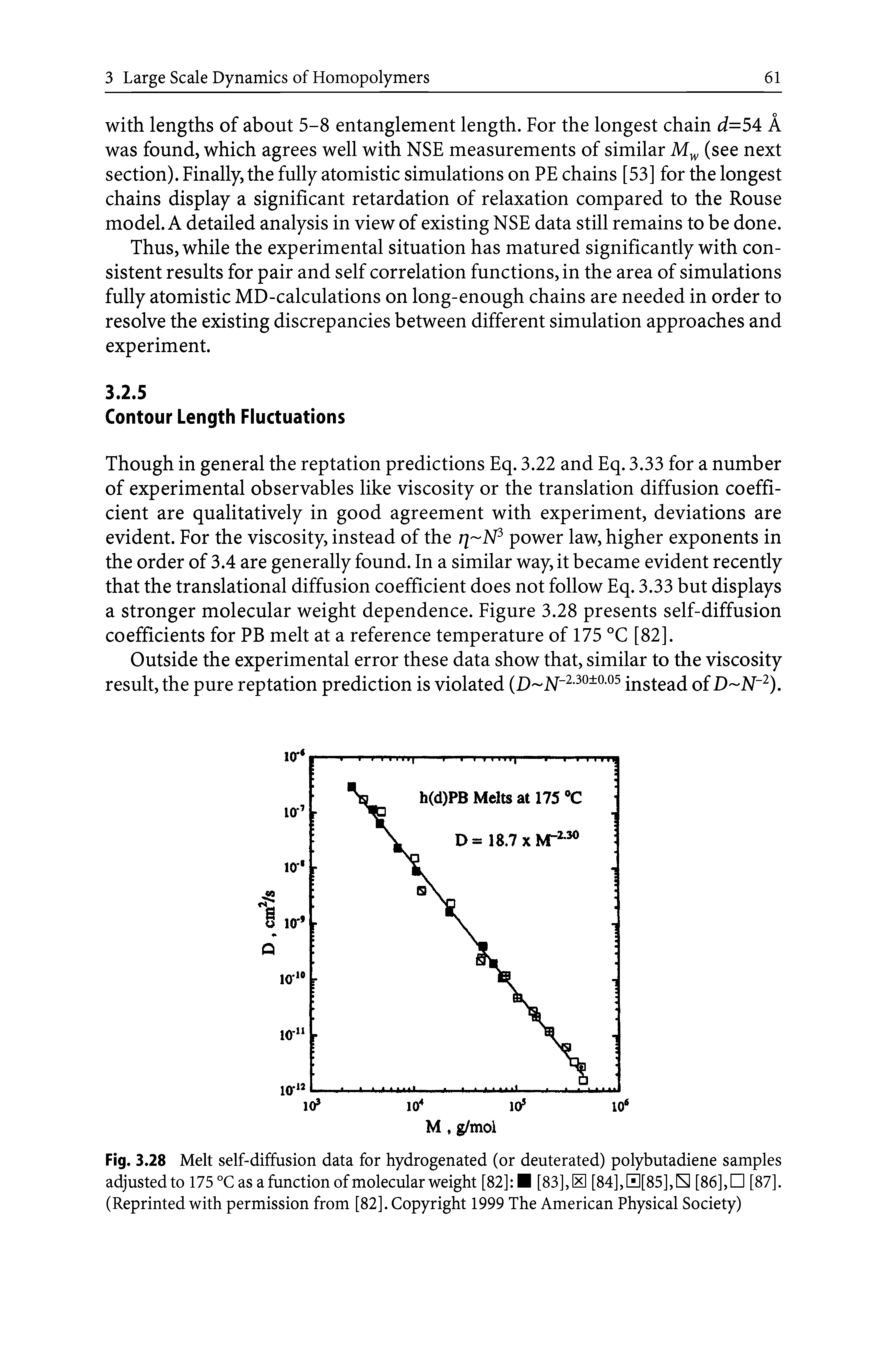 Fig. 3.28 Melt self-diffusion data for hydrogenated (or deuterated) polybutadiene samples adjusted to 175 °C as a function of molecular weight [82] [83], S [84],H[85],S [86], [87]. (Reprinted with permission from [82]. Copyright 1999 The American Physical Society)...