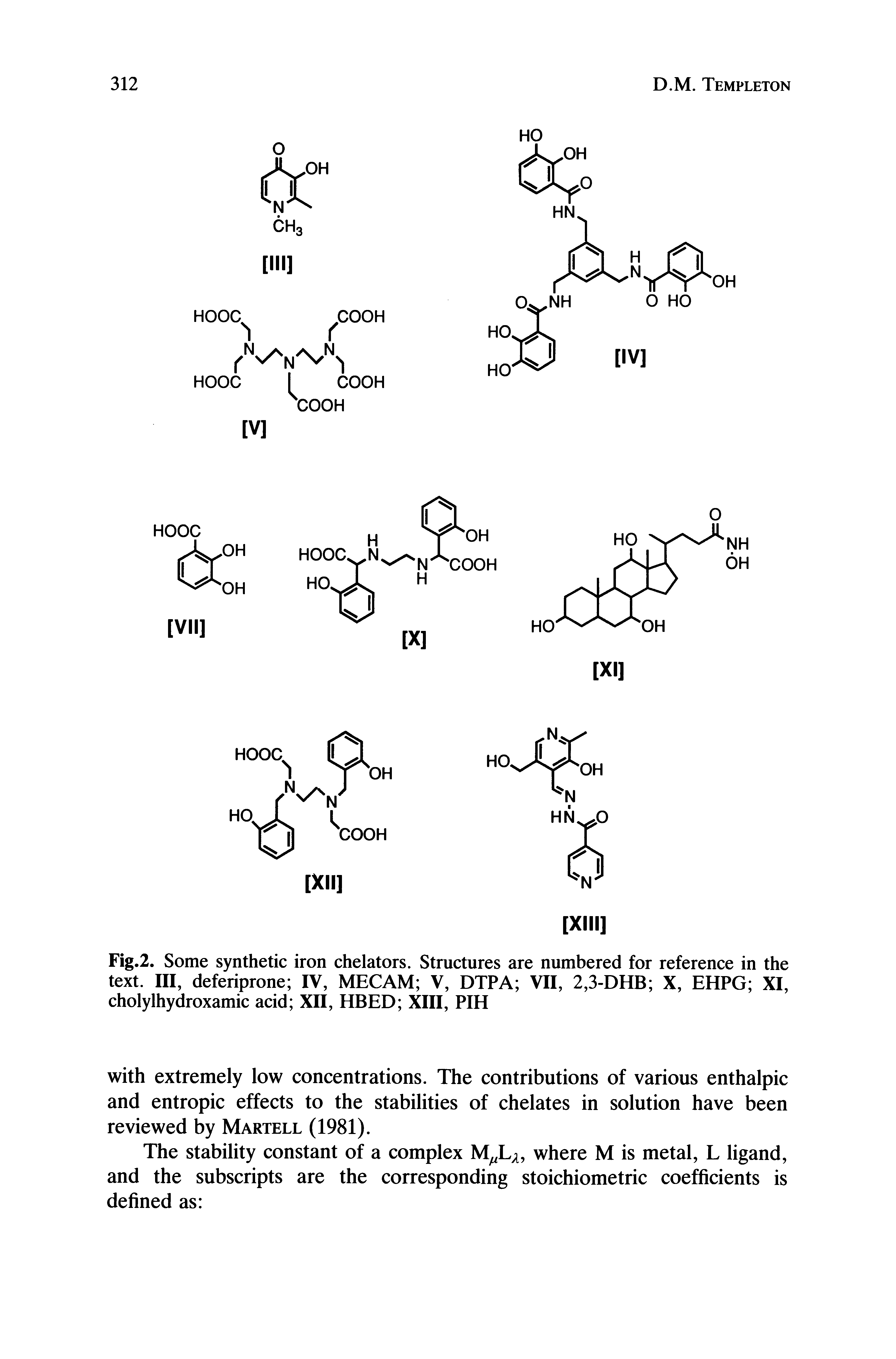 Fig.2. Some synthetic iron chelators. Structures are numbered for reference in the text. Ill, deferiprone IV, MECAM V, DTPA VII, 2,3-DHB X, EHPG XI, cholylhydroxamic acid XII, HBED XIII, PIH...