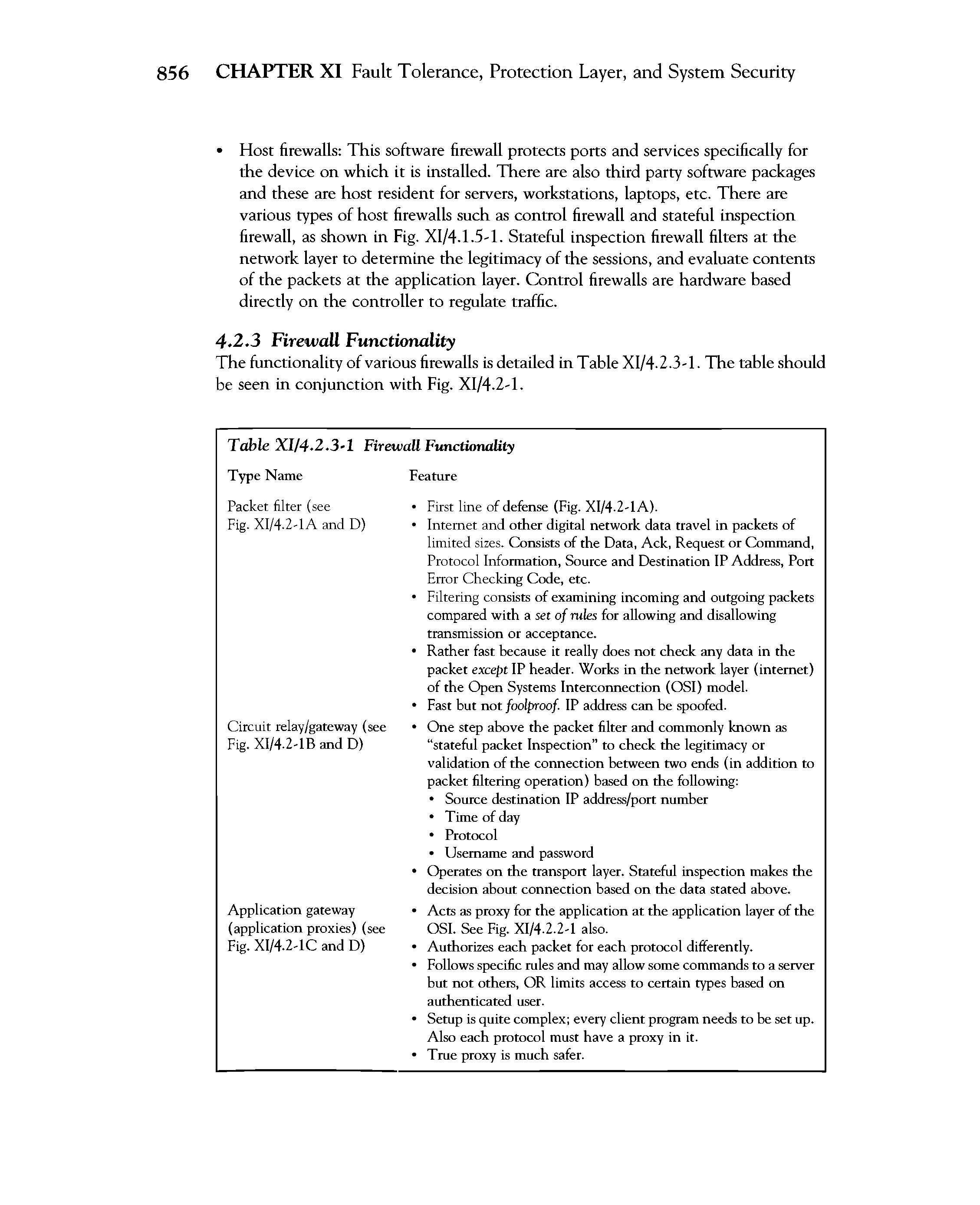 Fig. XI/4.2-1A and D) Internet and other digital network data travel in packets of limited sizes. Consists of the Data, Ack, Request or Command, Protocol Information, Source and Destination IP Address, Port Error Checking Code, etc. Filtering consists of examining incoming and outgoing packets compared with a set of rules for allowing and disallowing transmission or acceptance. Rather fast because it really does not check any data in the packet except IP header. Works in the network layer (internet) of the Open Systems Interconnection (OSI) model. Fast but not foolproof. IP address can be spoofed.