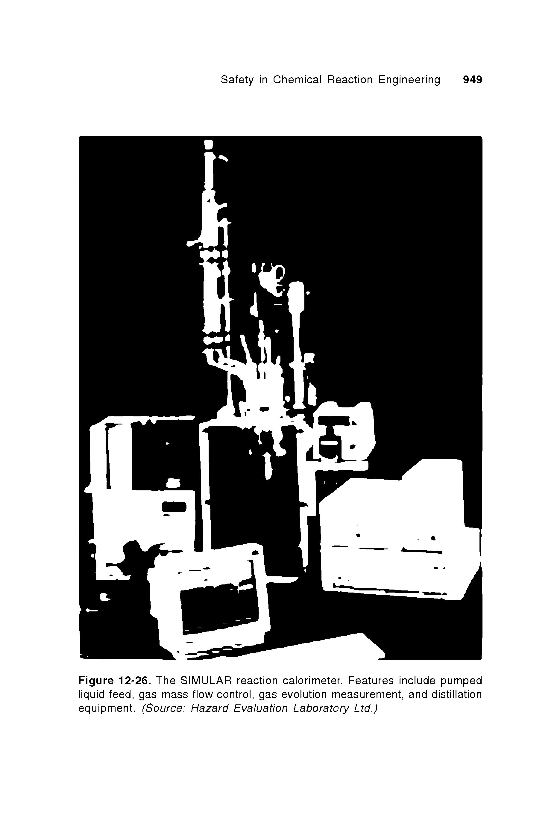 Figure 12-26. The SIMULAR reaction calorimeter. Features include pumped liquid feed, gas mass flow control, gas evolution measurement, and distillation equipment. (Source Hazard Evaluation Laboratory Ltd.)...