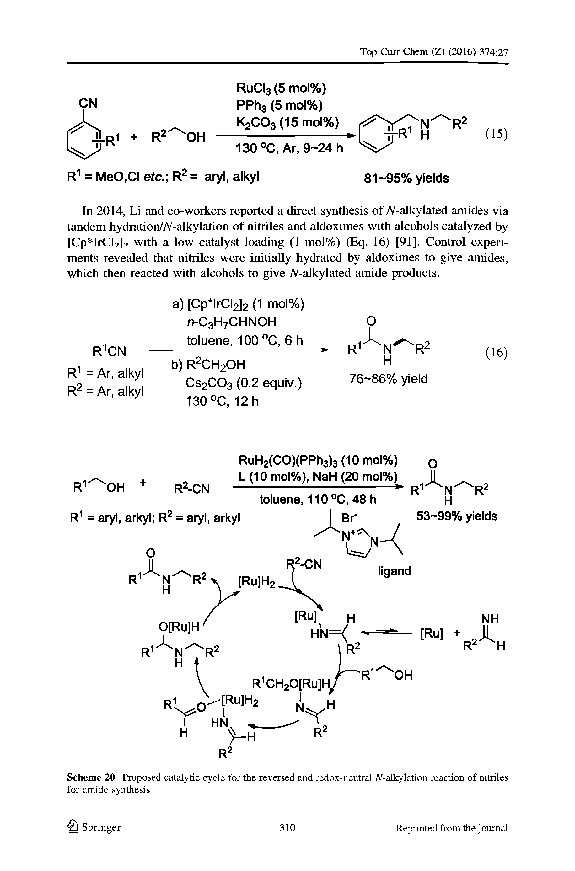 Scheme 20 Proposed catalytic cycle for the reversed and redox-neutral A -alkylation reaction of nitriles for amide synthesis...