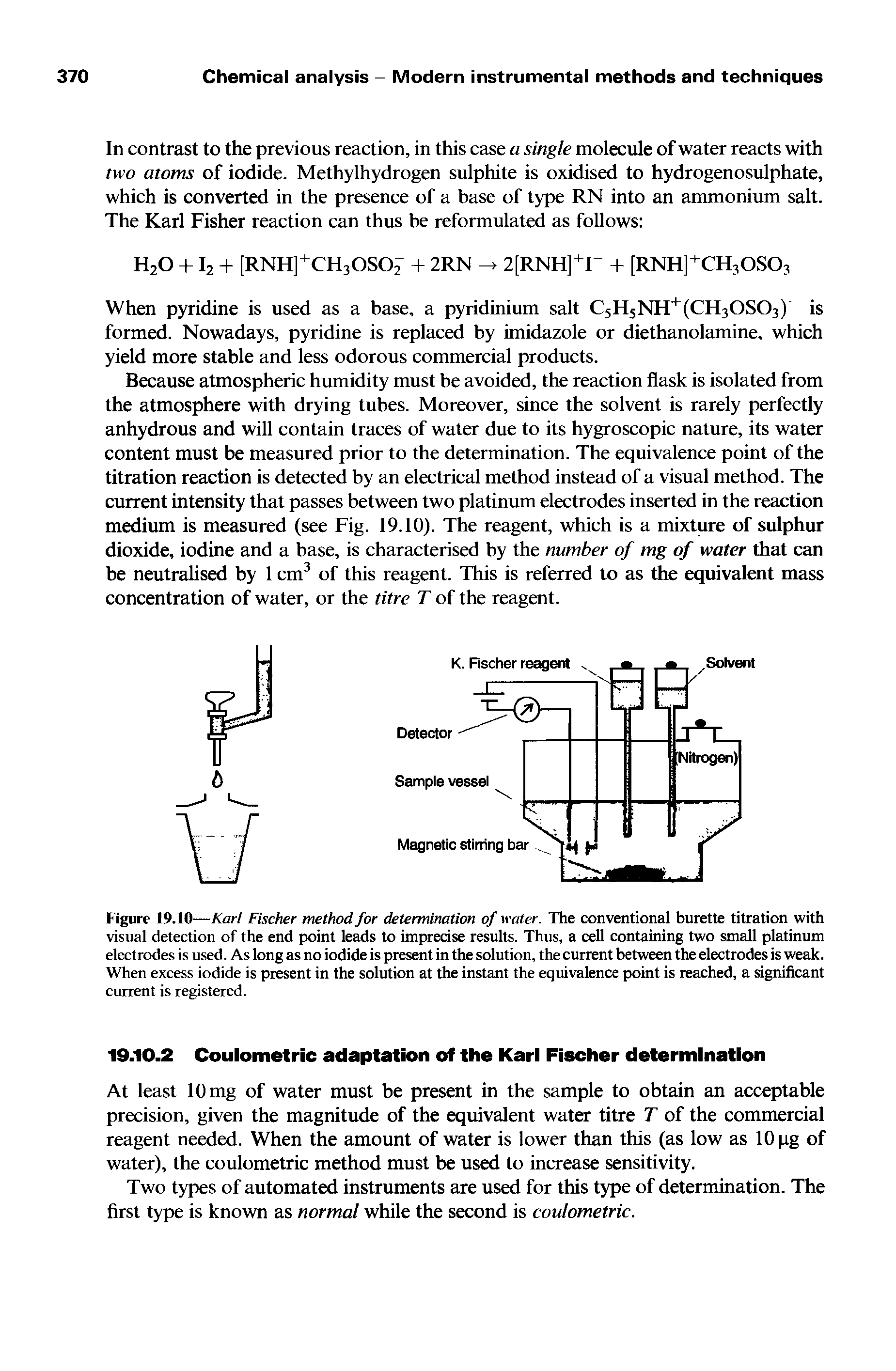 Figure 19.10—Karl Fischer method for determination of water. The conventional burette titration with visual detection of the end point leads to imprecise results. Thus, a cell containing two small platinum electrodes is used. As long as no iodide is present in the solution, the current between the electrodes is weak. When excess iodide is present in the solution at the instant the equivalence point is reached, a significant current is registered.
