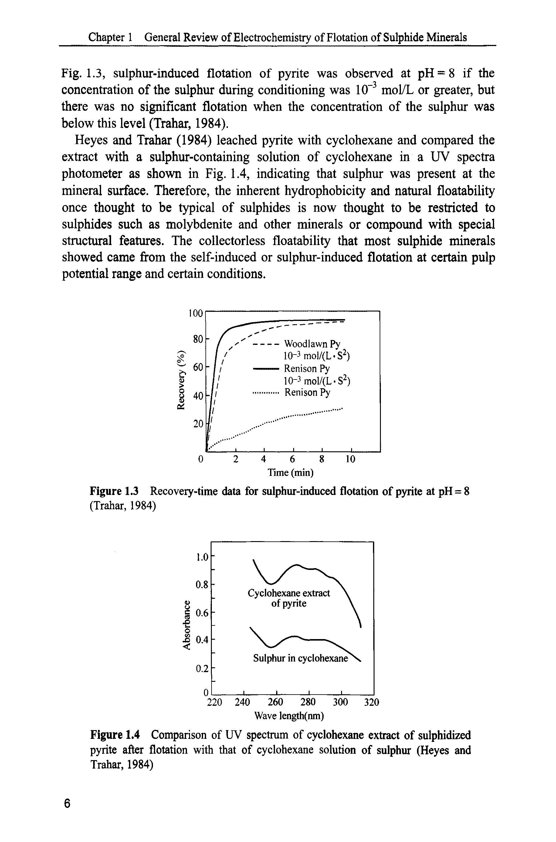 Figure 1.4 Comparison of UV spectrum of cyclohexane extract of sulphidized pyrite after flotation with that of cyclohexane solution of sulphur (Heyes and Trahar, 1984)...