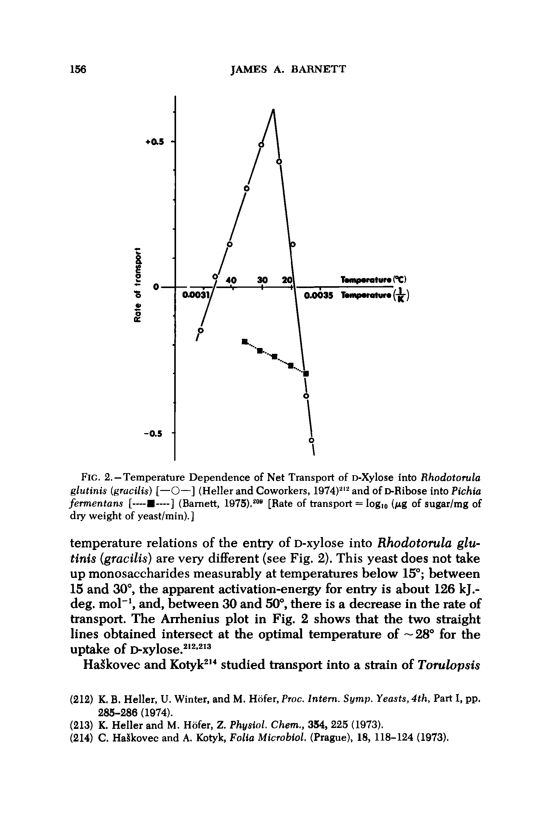 Fig. 2. —Temperature Dependence of Net Transport of D-Xylose into Rhodotorula glutinis (gracilis) [—O—] (Heller and Coworkers, 1974)212 and of D-Ribose into Pichia fermentans [— —] (Barnett, 1975).20 [Rate of transport = Iog(0 (gg of sugar/mg of dry weight of yeast/min).]...