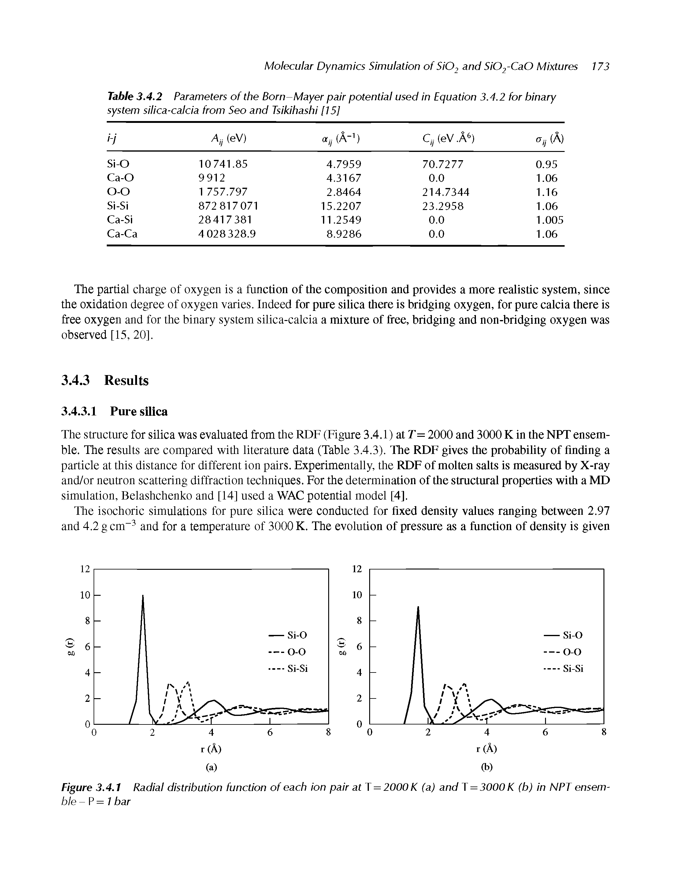 Table 3.4.2 Parameters of the Born-Mayer pair potential used in Equation 3.4.2 for binary system silica-calcia from Seo and Tsikihashi [15]...