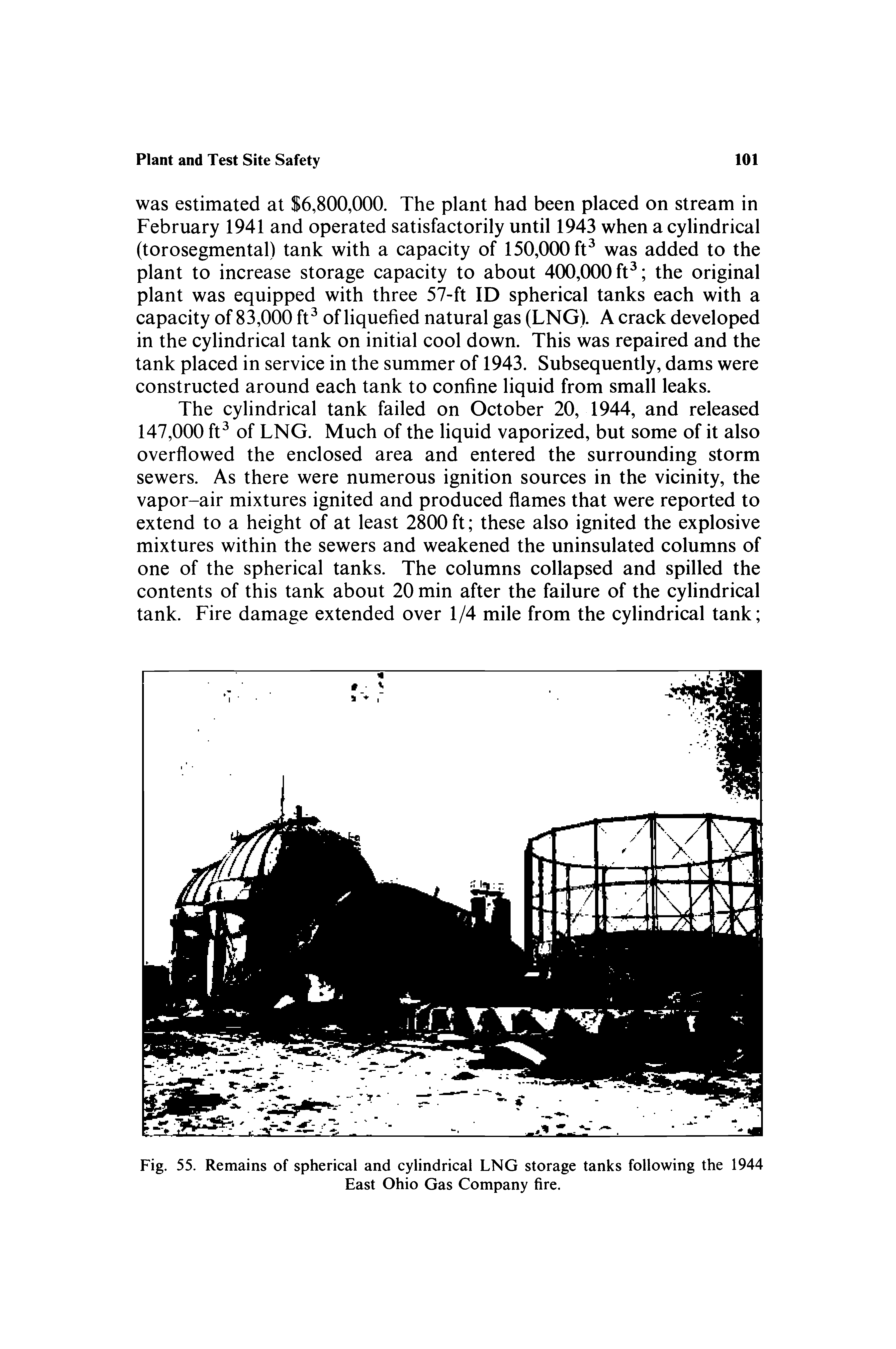 Fig. 55. Remains of spherical and cylindrical LNG storage tanks following the 1944 East Ohio Gas Company fire.