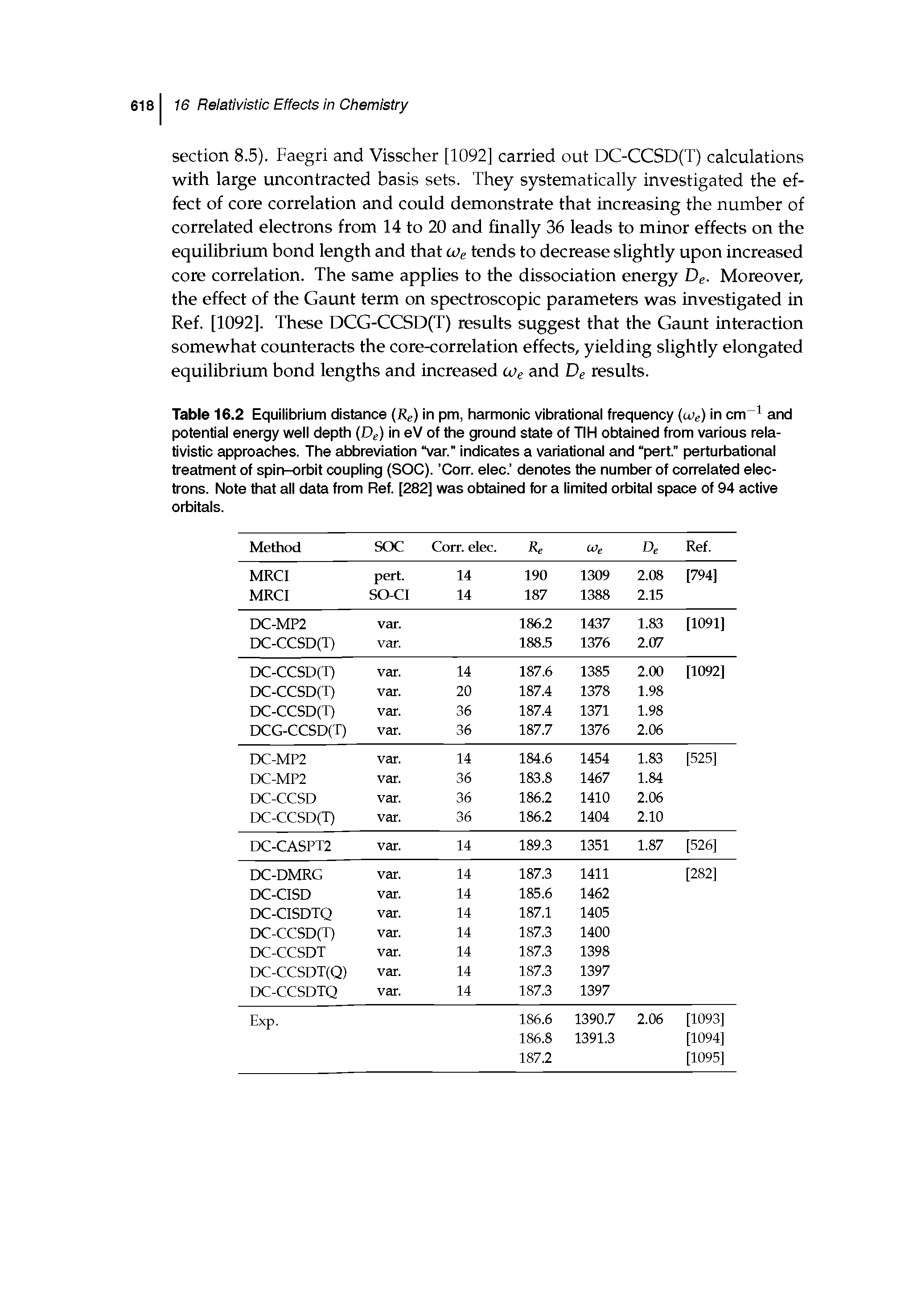 Table 16.2 Equilibrium distance (Re) in pm, harmonic vibrational frequency (u)e) in cm and potential energy well depth (De) in eV of the ground state of TIH obtained from various relativistic approaches. The abbreviation var." indicates a variational and pert. perturbational treatment of spin-orbit coupling (SOC). Corn elec. denotes the number of correlated electrons. Note that all data from Ref. [282] was obtained for a limited orbital space of 94 active orbitals.