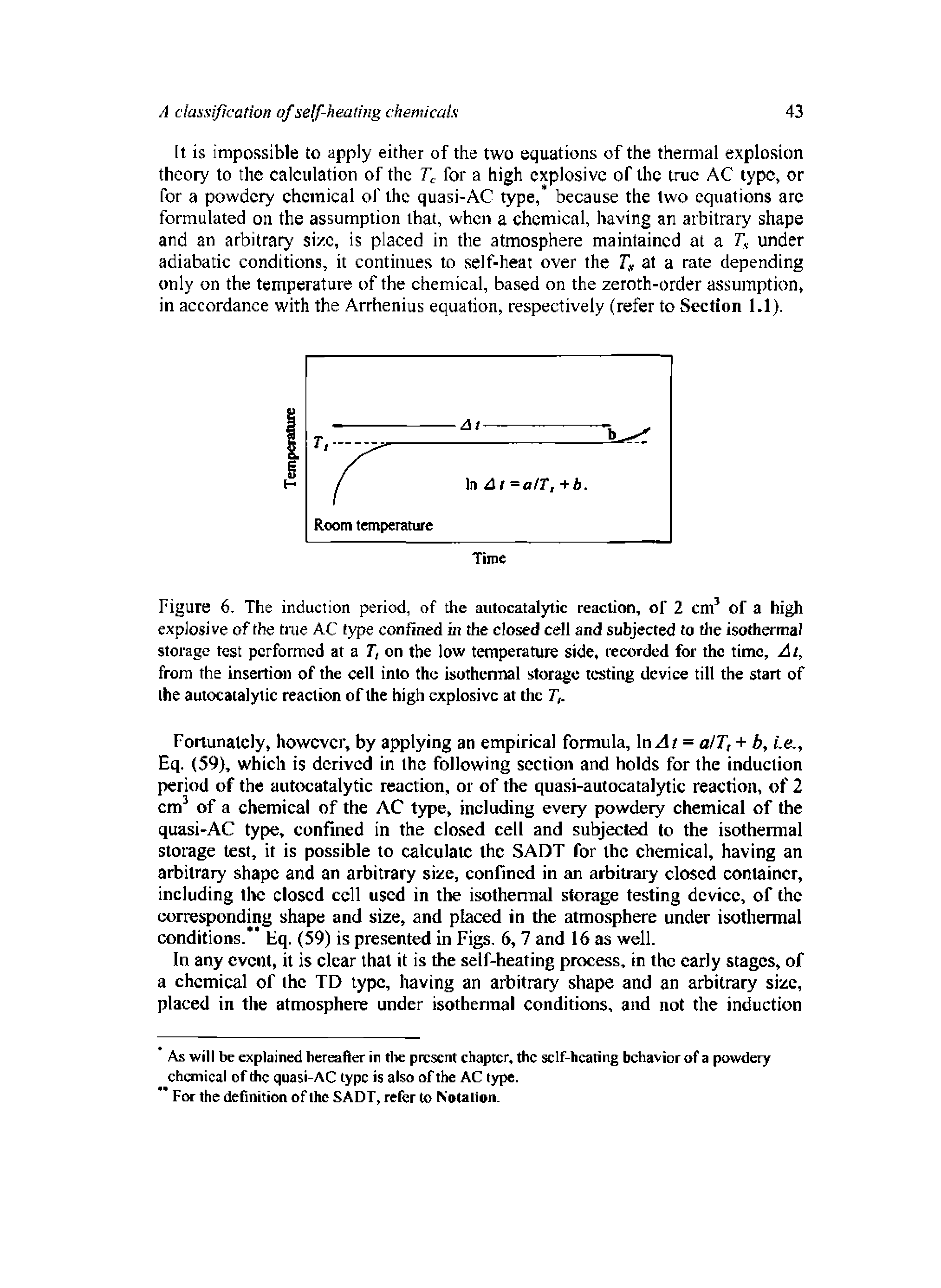 Figure 6, The induction period, of the aiitocatalytic reaction, of 2 cm of a high explosive of the tiue AC type confined in the closed cell and subjected to the isothermal storage test performed at a T, on the low temperature side, recorded for the time, At, from the insertion of the cell into the isothennal storage testing device till the start of the autocaialylic reaction of the high explosive at the T,.