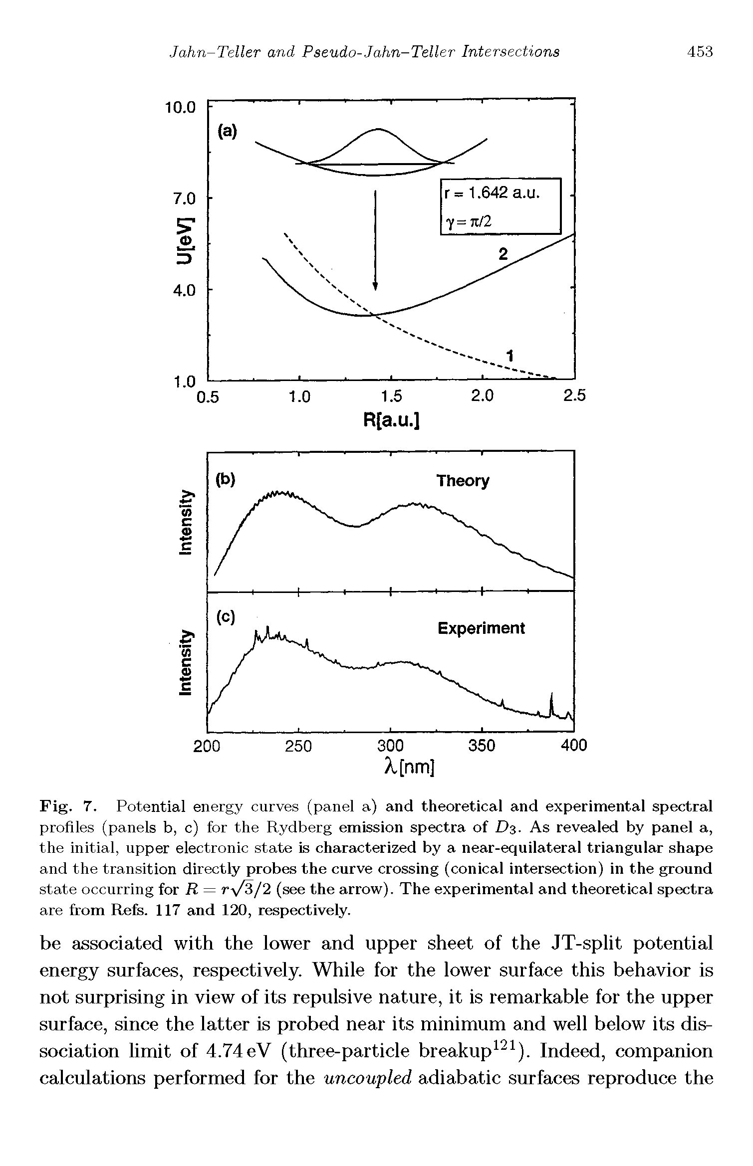 Fig. 7. Potential energy curves (panel a) and theoretical and experimental spectral profiles (panels b, c) for the Rydberg emission spectra of Ds. As revealed by panel a, the initial, upper electronic state is characterized by a near-equilateral triangular shape and the transition directly probes the curve crossing (conical intersection) in the ground state occurring for R = ry/3l2 (see the arrow). The experimental and theoretical spectra are from Refs. 117 and 120, respectively.