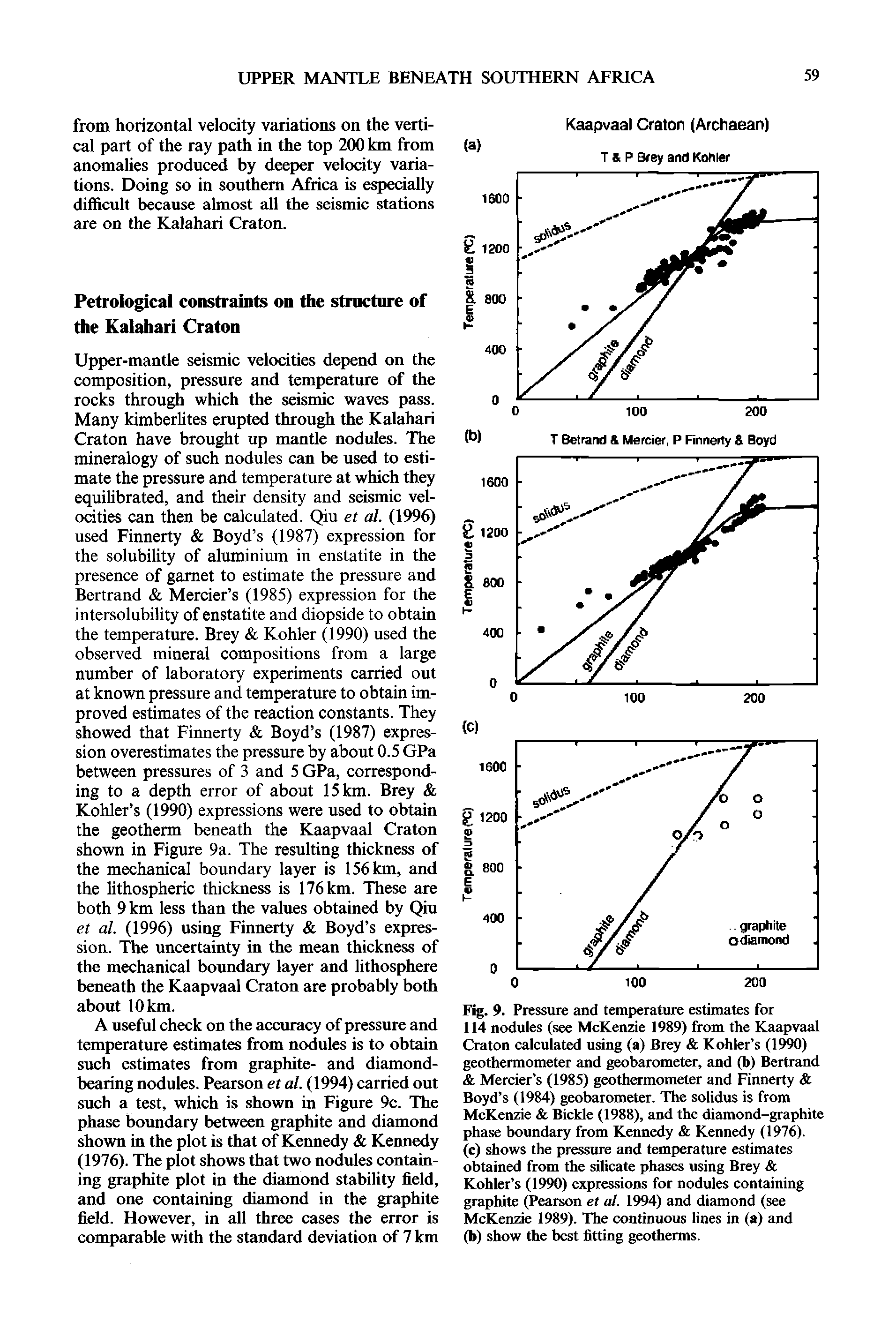 Fig. 9. Pressure and temperature estimates for 114 nodules (see McKenzie 1989) from the Kaapvaal Craton calculated using (a) Brey Kohler s (1990) geothermometer and geobarometer, and (b) Bertrand Mercier s (1985) geothermometer and Finnerty Boyd s (1984) geobarometer. The solidus is from McKenzie Bickle (1988), and the diamond-graphite phase boundary from Kennedy Kennedy (1976).