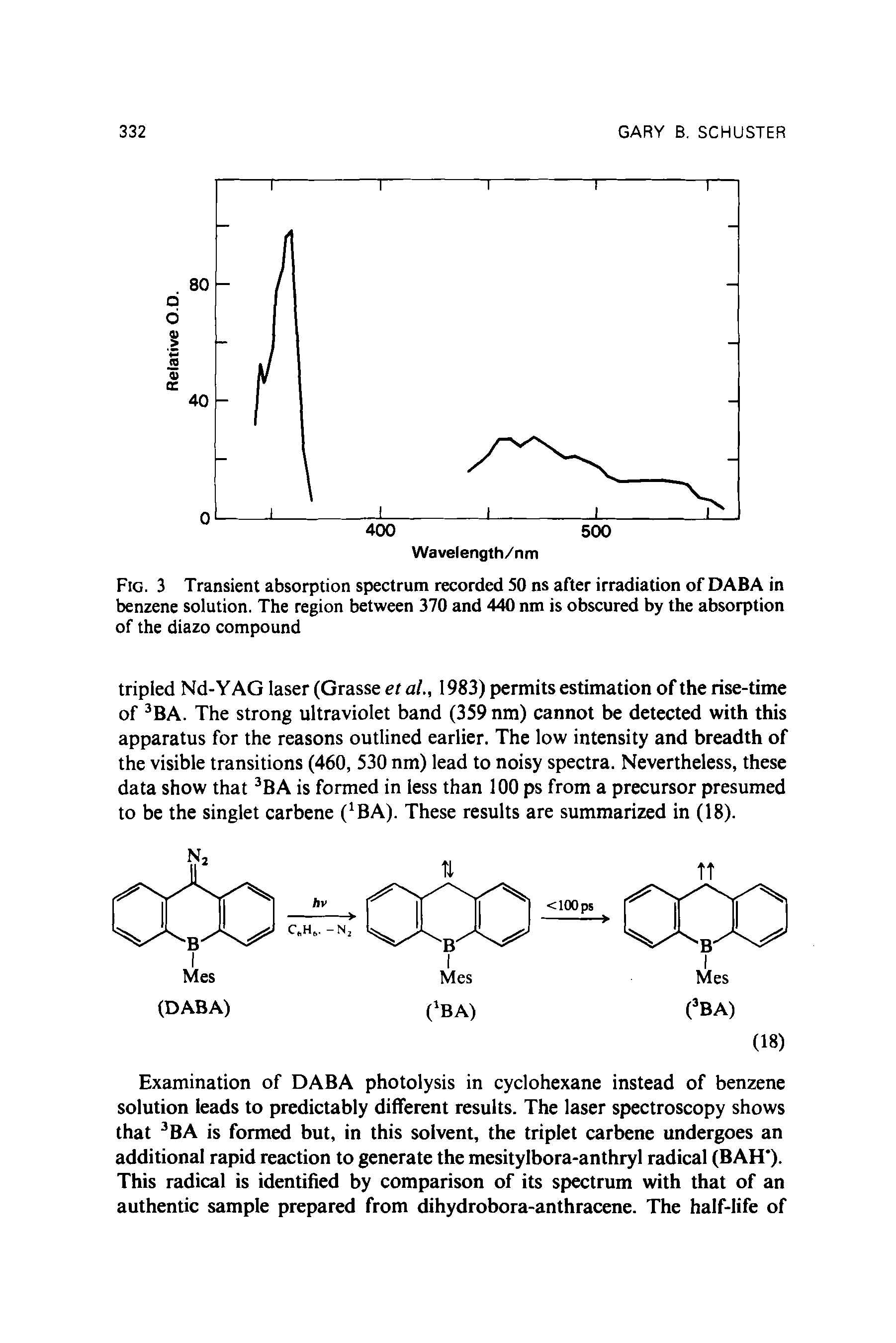 Fig. 3 Transient absorption spectrum recorded 50 ns after irradiation of DABA in benzene solution. The region between 370 and 440 nm is obscured by the absorption of the diazo compound...