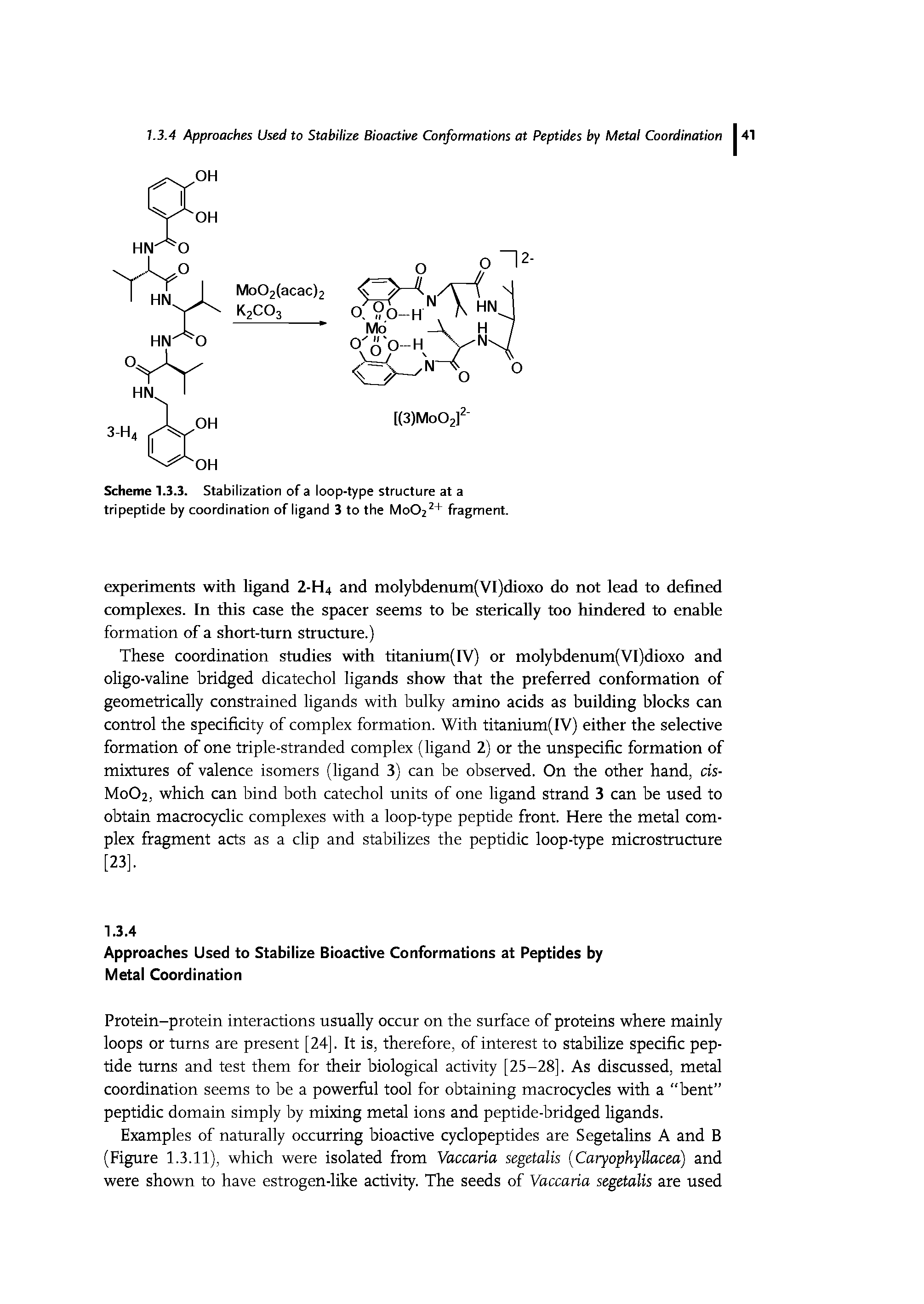 Scheme 1.3.3. Stabilization of a loop-type structure at a tripeptide by coordination of ligand 3 to the MoC>22+ fragment.