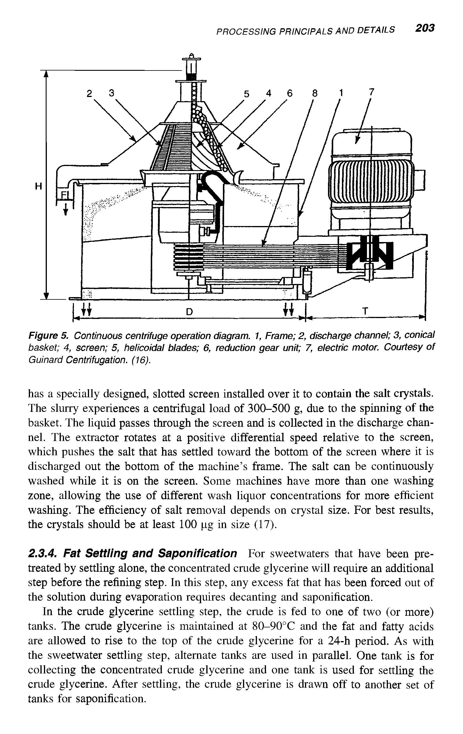 Figure 5. Continuous centrifuge operation diagram. 1, Frame 2, discharge channel 3, conicai basket 4, screen 5, helicoidai biades 6, reduction gear unit 7, eiectric motor. Courtesy of Guinard Centrifugation. (16).