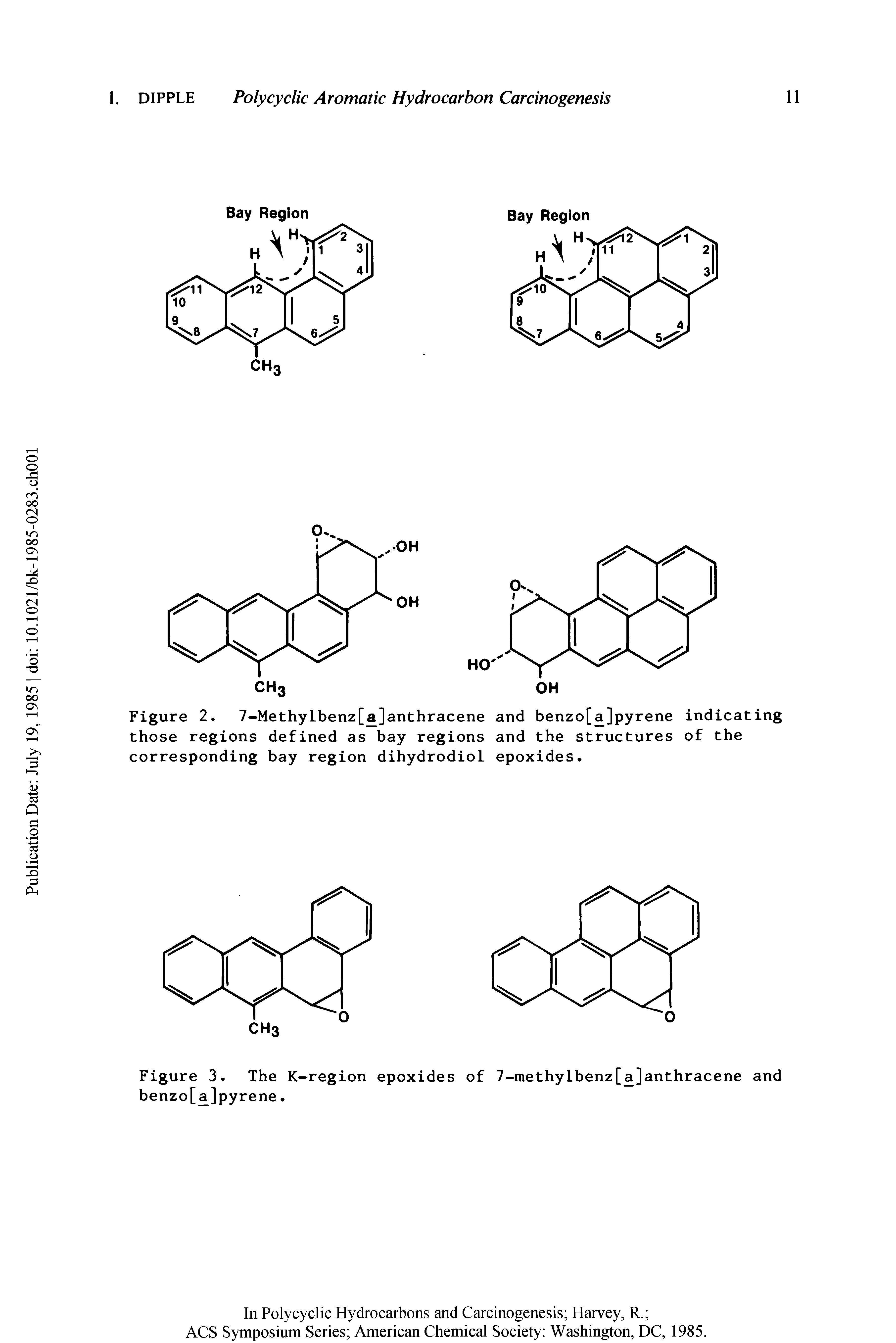 Figure 2. 7-Methylbenz[a]anthracene and benzo[a]pyrene indicating those regions defined as bay regions and the structures of the corresponding bay region dihydrodiol epoxides.