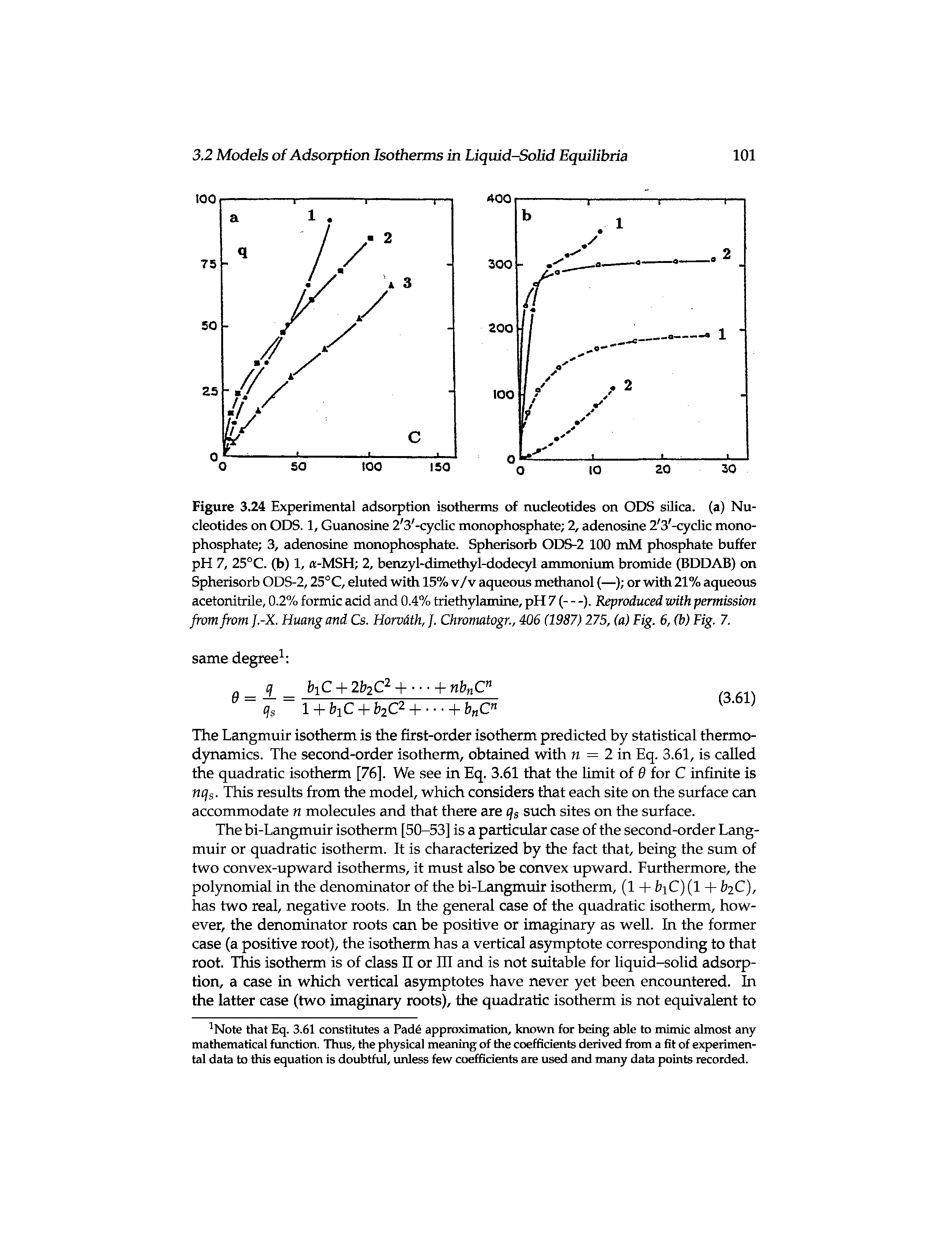 Figure 3.24 Experimental adsorption isotherms of nucleotides on ODS silica, (a) Nucleotides on ODS. 1, Guanosine 2 3 -cyclic monophosphate 2, adenosine 2 3 -cyclic monophosphate 3, adenosine monophosphate. Spherisorb ODS-2 100 mM phosphate buffer pH 7, 25° C. (b) 1, a-MSH 2, benzyl-dimethyl-dodecyl ammoniiun bromide (BDDAB) on Spherisorb ODS-2,25°C, eluted with 15% v/v aqueous methanol (—) or with 21% aqueous acetonitrile, 0.2% formic acid and 0.4% triethylamine, pH 7 (—). Reproduced mth permission from from J.-X. Huang and Cs. Horvath, ]. Chromatogr., 406 (1987) 275, (a) Fig. 6, (b) Fig. 7.