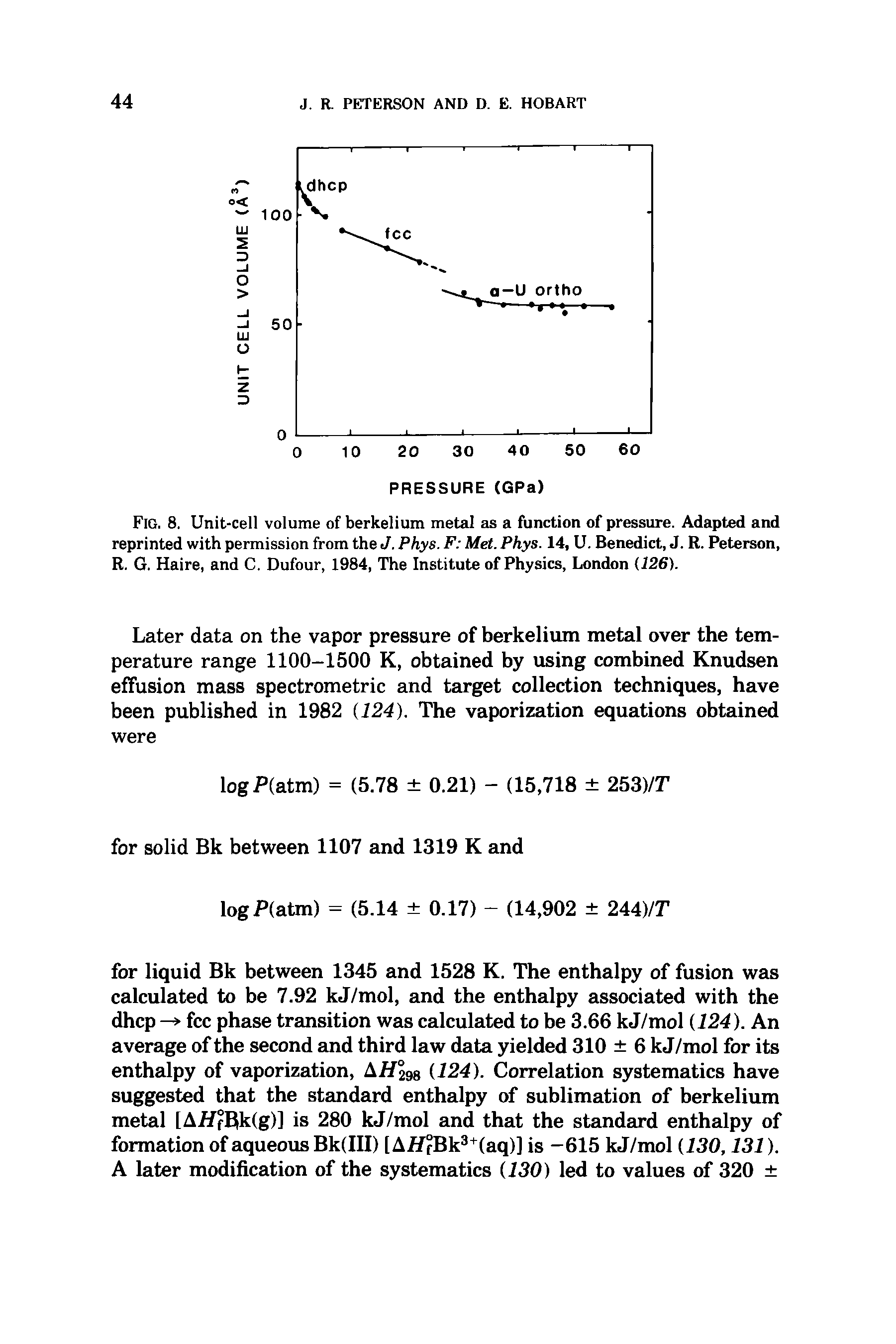 Fig. 8. Unit-cell volume of berkelium metal as a function of pressure. Adapted and reprinted with permission from the J. Phys. F Met. Phys. 14, U. Benedict, J. R. Peterson, R. G. Haire, and C. Dufour, 1984, The Institute of Physics, London (126).