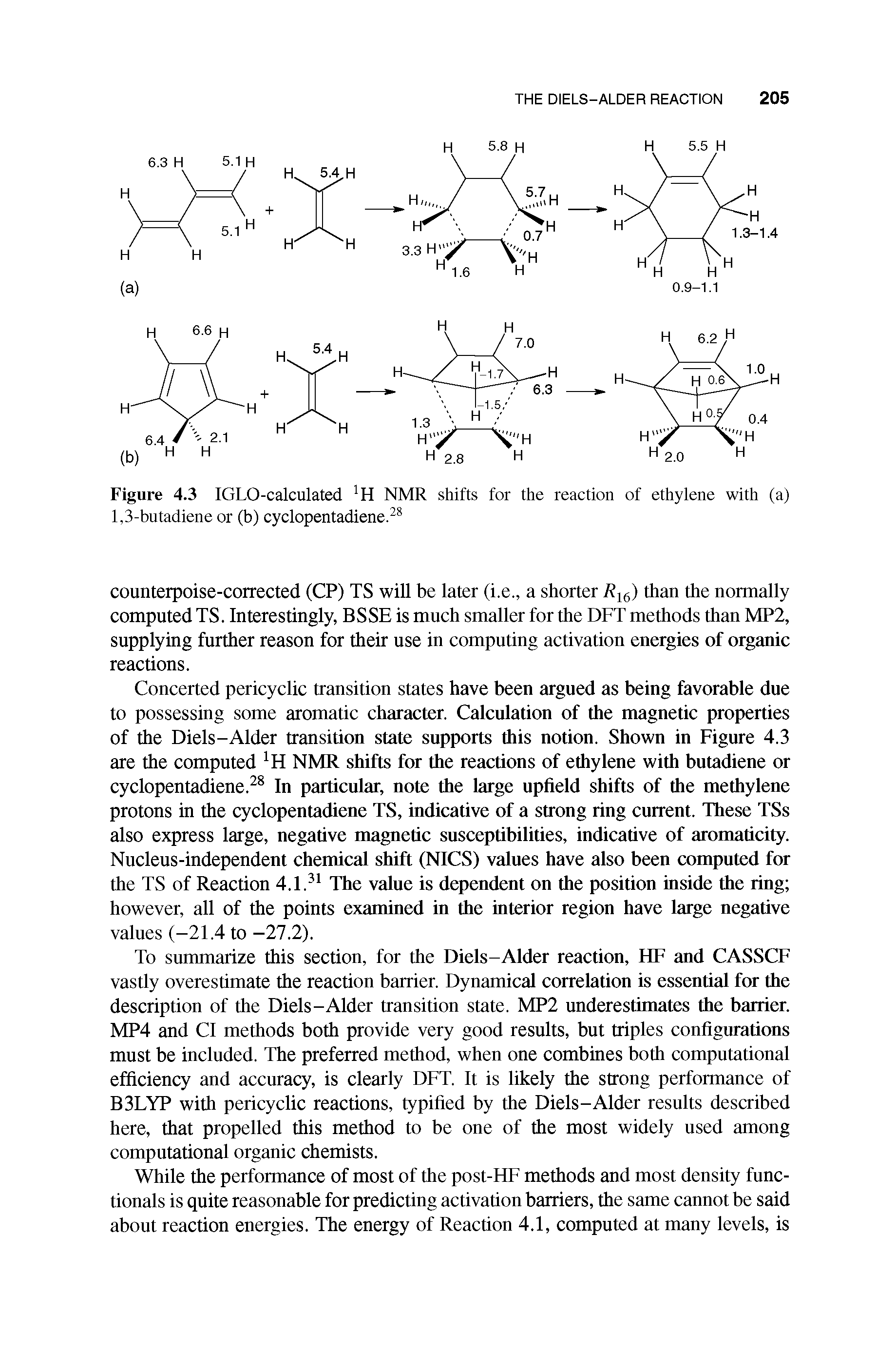 Figure 4.3 IGLO-calculated H NMR shifts for the reaction of ethylene with (a) 1,3-butadiene or (b) cyclopentadiene. ...