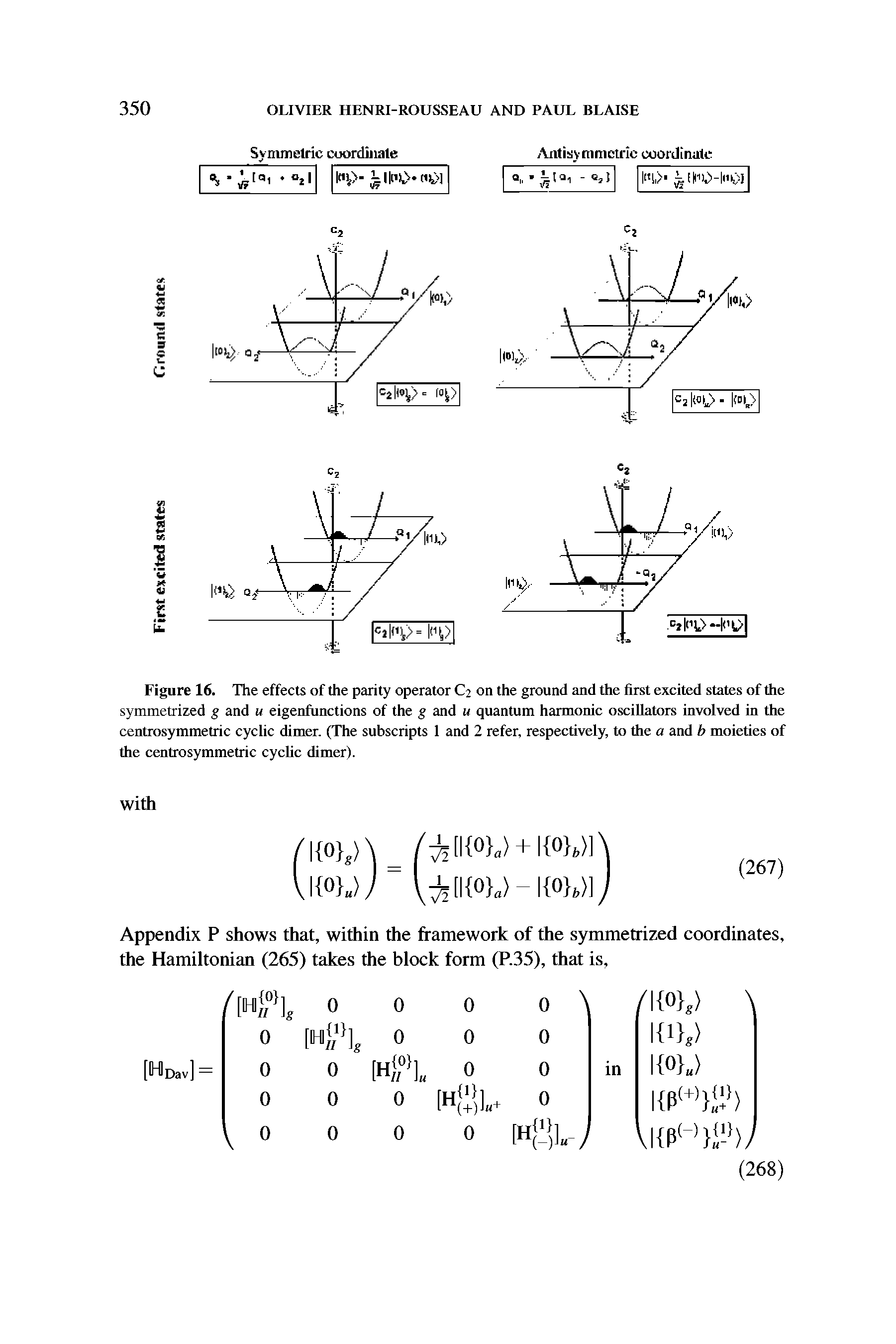 Figure 16. The effects of the parity operator C2 on the ground and the first excited states of the symmetrized g and u eigenfunctions of the g and u quantum harmonic oscillators involved in the centrosymmetric cyclic dimer. (The subscripts 1 and 2 refer, respectively, to the a and b moieties of the centrosymmetric cyclic dimer).