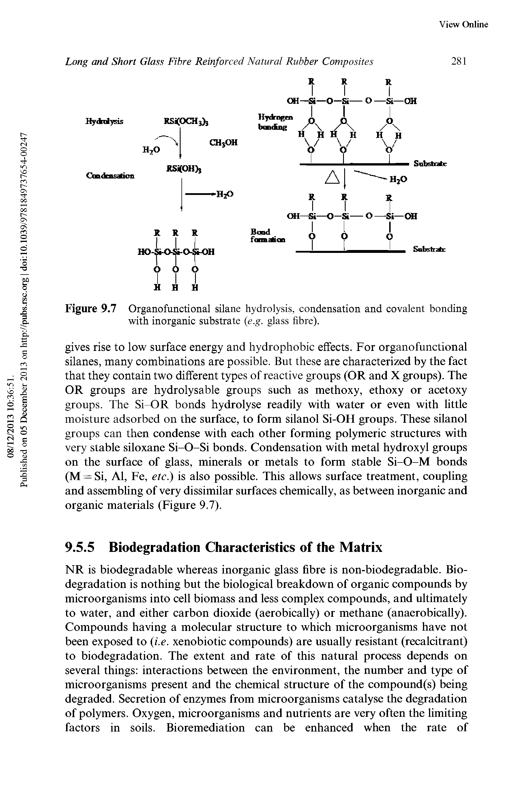 Figure 9.7 Organofunctional silane hydrolysis, condensation and covalent bonding with inorganic substrate e.g. glass fibre).