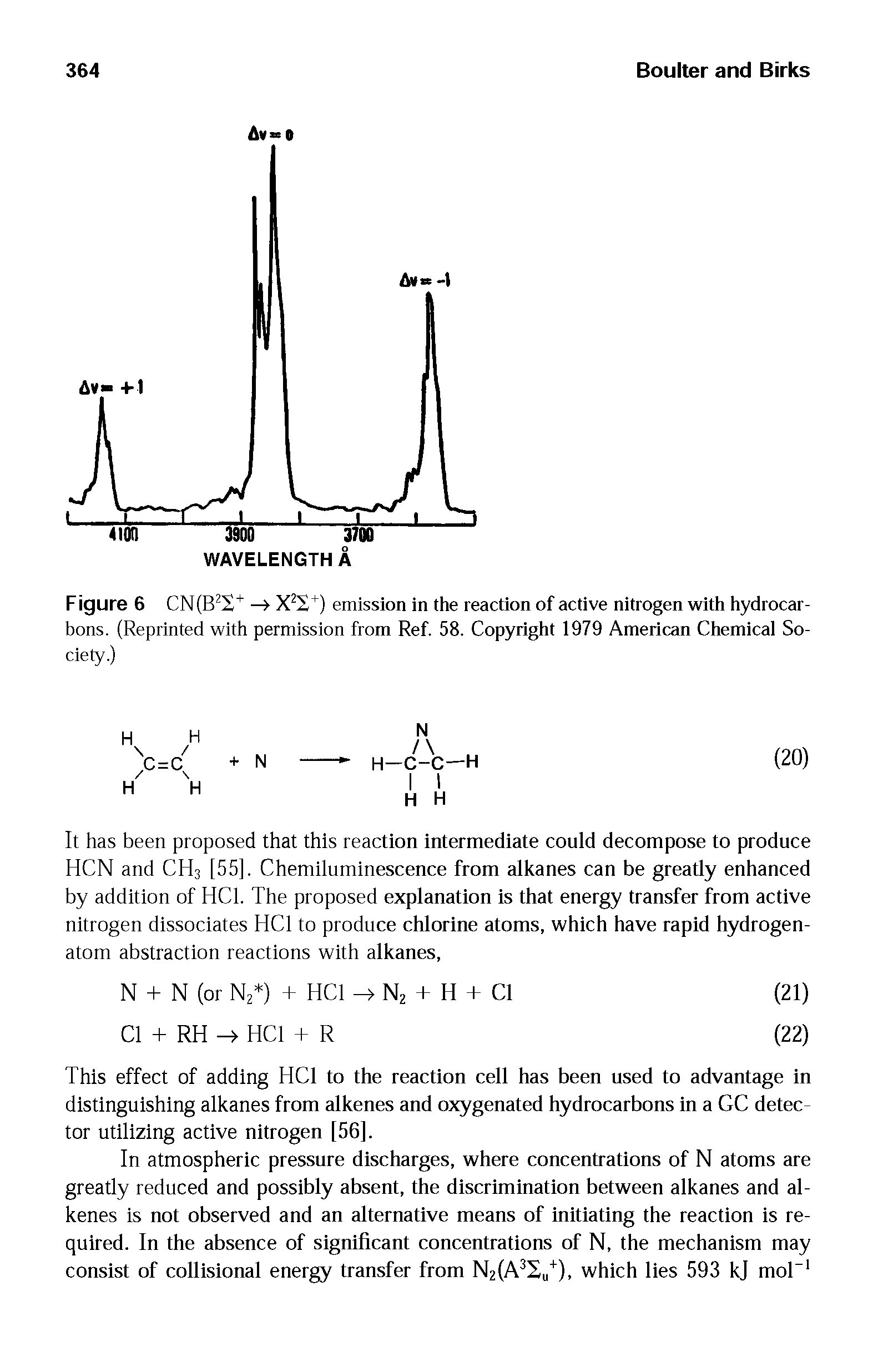 Figure 6 CN(B2X+ —> X2T ) emission in the reaction of active nitrogen with hydrocarbons. (Reprinted with permission from Ref. 58. Copyright 1979 American Chemical Society.)...