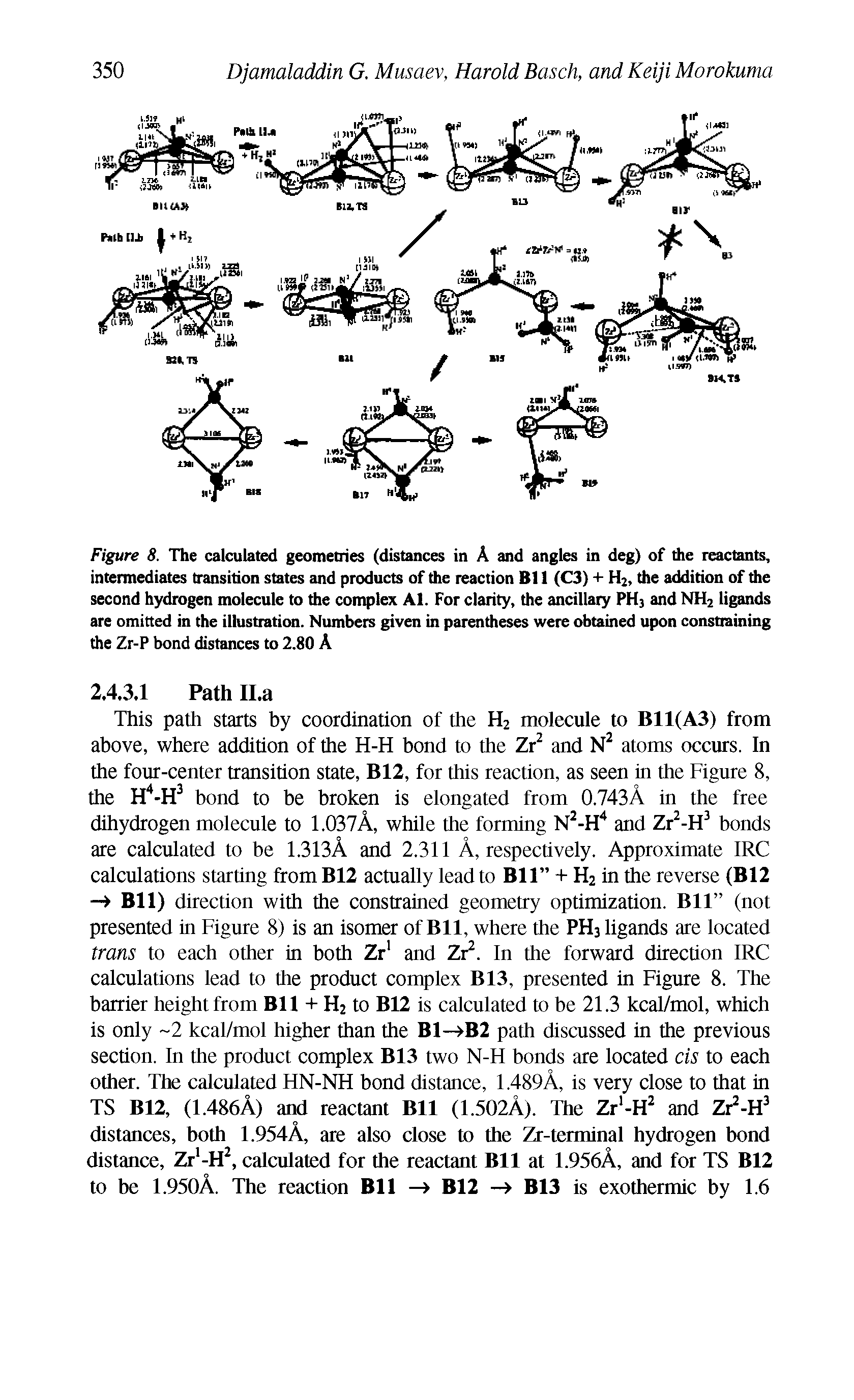 Figure 8. The calculated geometries (distances in A and angles in deg) of the reactants, intermediates transition states and products of the reaction B11 (C3) + H2, the addition of the second hydrogen molecule to the complex Al. For clarity, the ancillary PH3 and NH2 ligands are omitted in the illustration. Numbers given in parentheses were obtained upon constraining the Zr-P bond distances to 2.80 A...